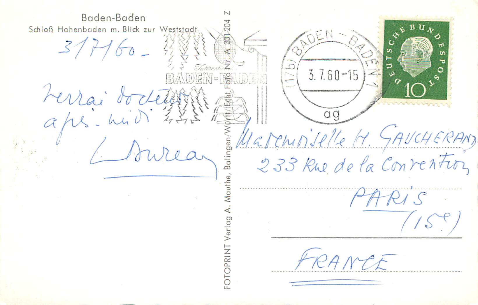 CPM Baden Baden Schloss Hohenbaden m Blick zur Weststadt  — Rückseite