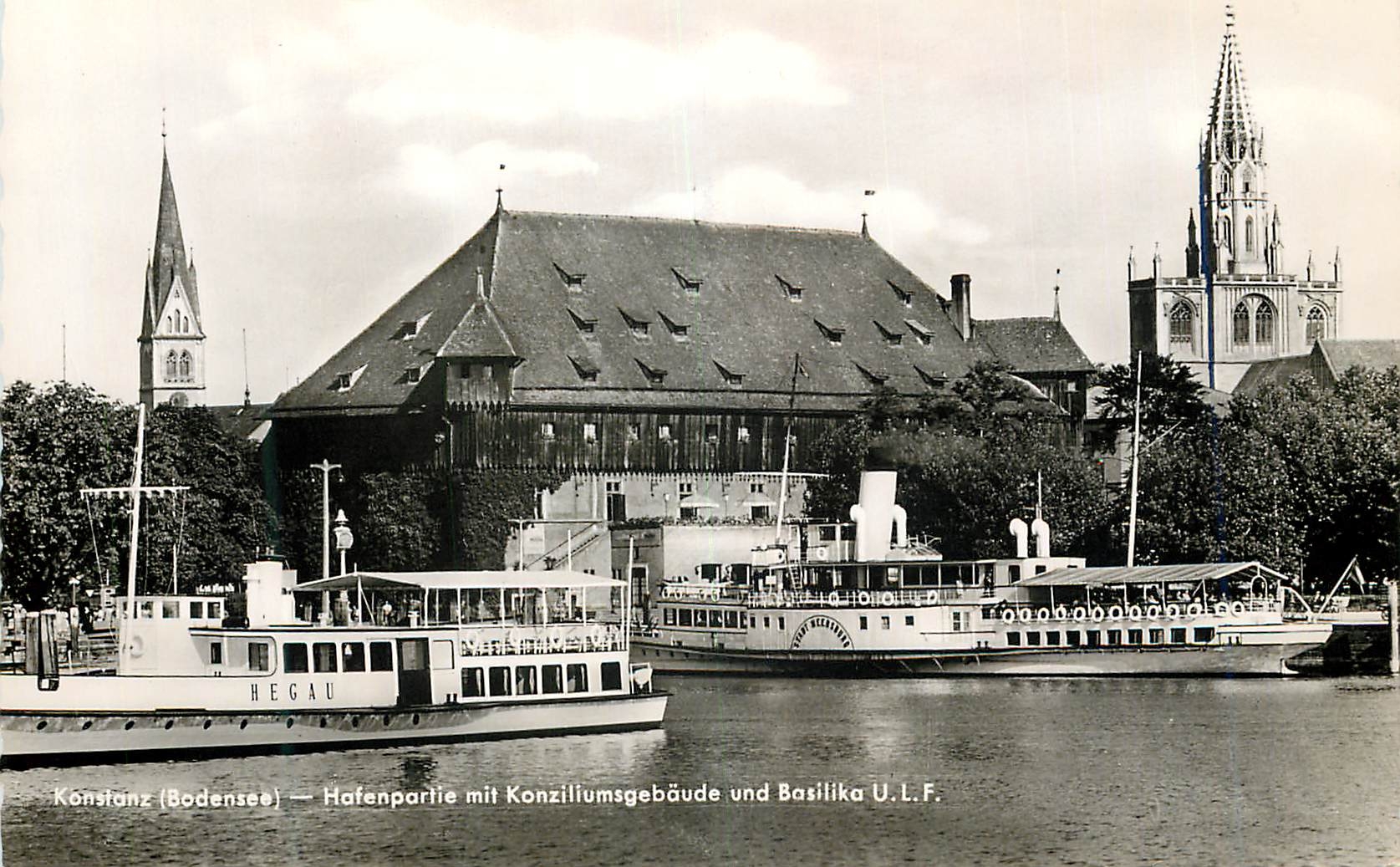 CPM Konstanz Bodensee Hafenpartie mit Konzilumsgebaude und Basilika ULF Bateaux