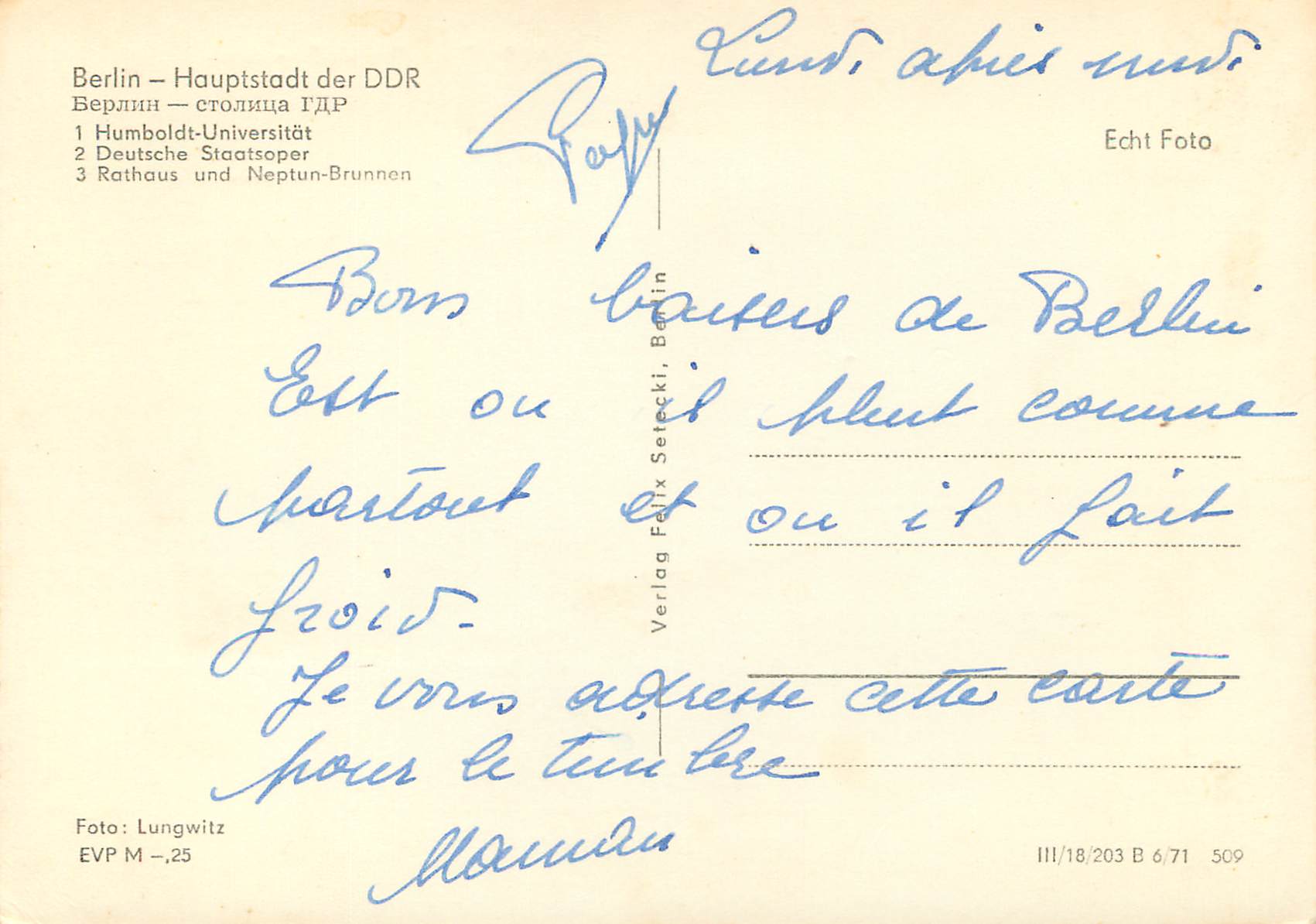 CPM Berlin Hauptstadt der DDR Rathaus and Neptunbrunnen  — Rückseite