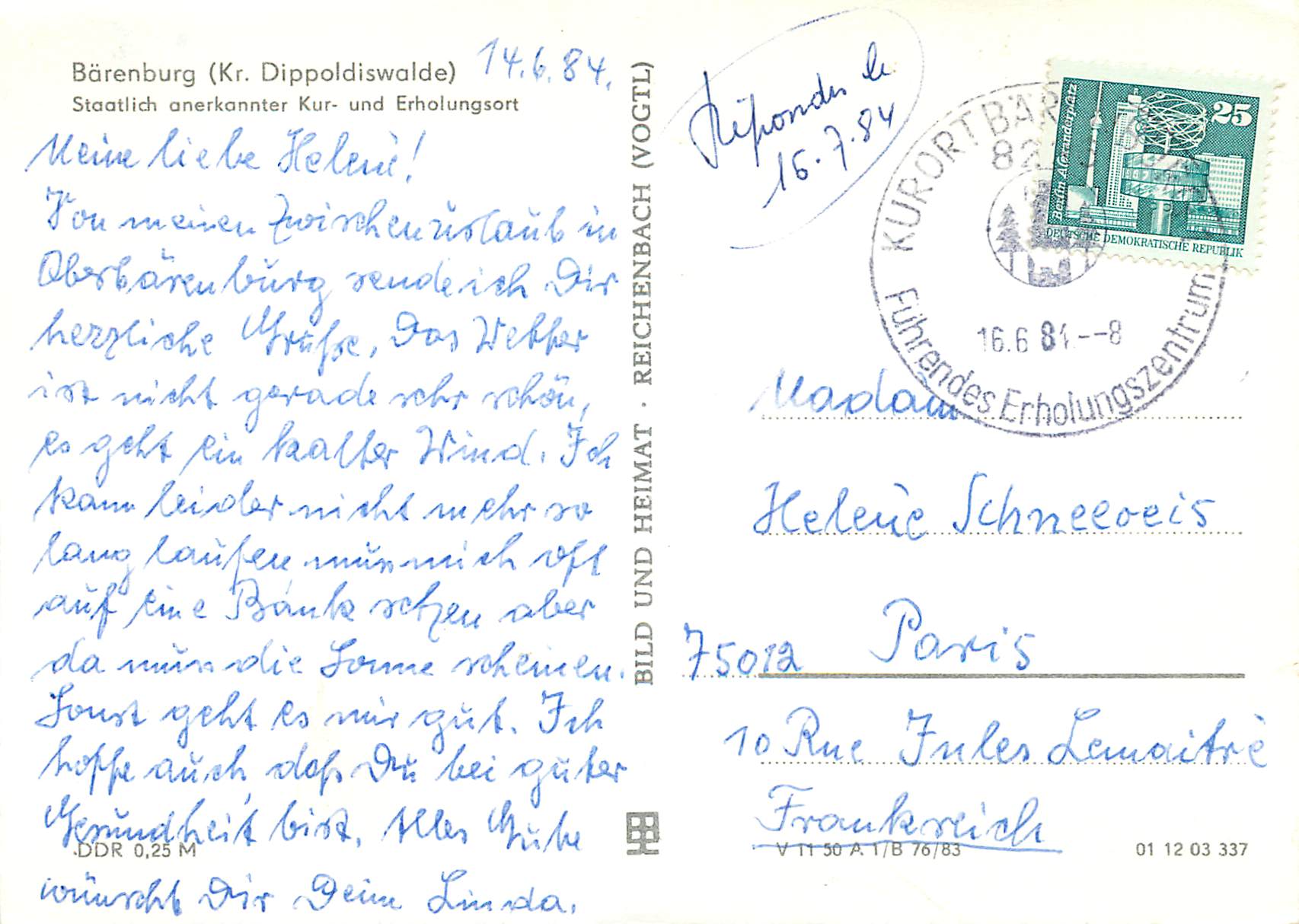 CPM Kurort Barenburg Erzgeb Ortsteil Oberbarenburg  — Rückseite