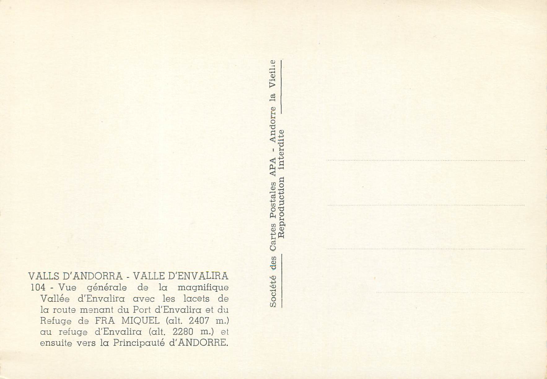 CPM Valls d Andorra Vue generale de la magnifique Vallee d Envalira  — Verso