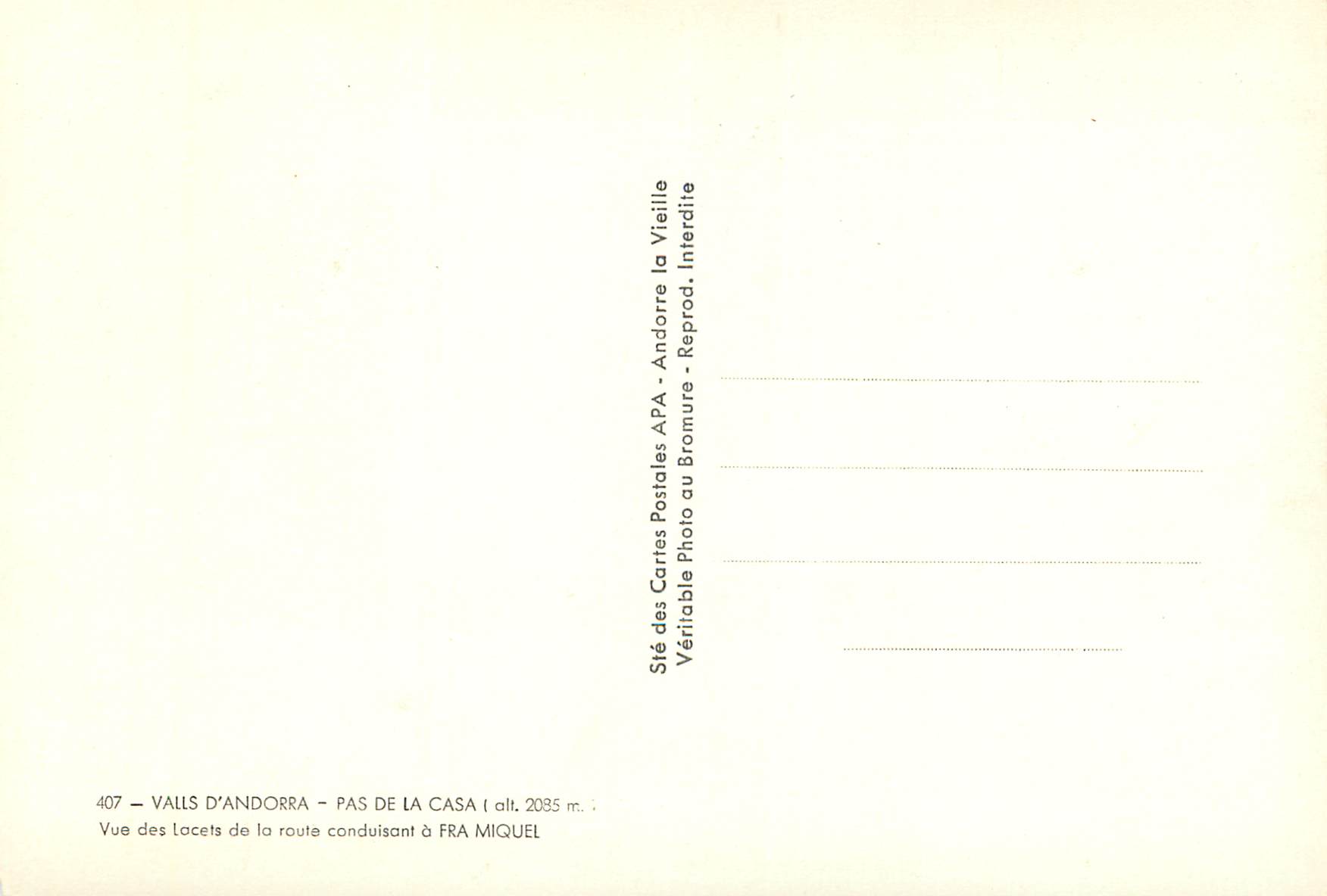 CPM Valls d Andorra Pas de la Casa Vues des lacets de la route Conduisant a Fra Miquel Vaches — Verso