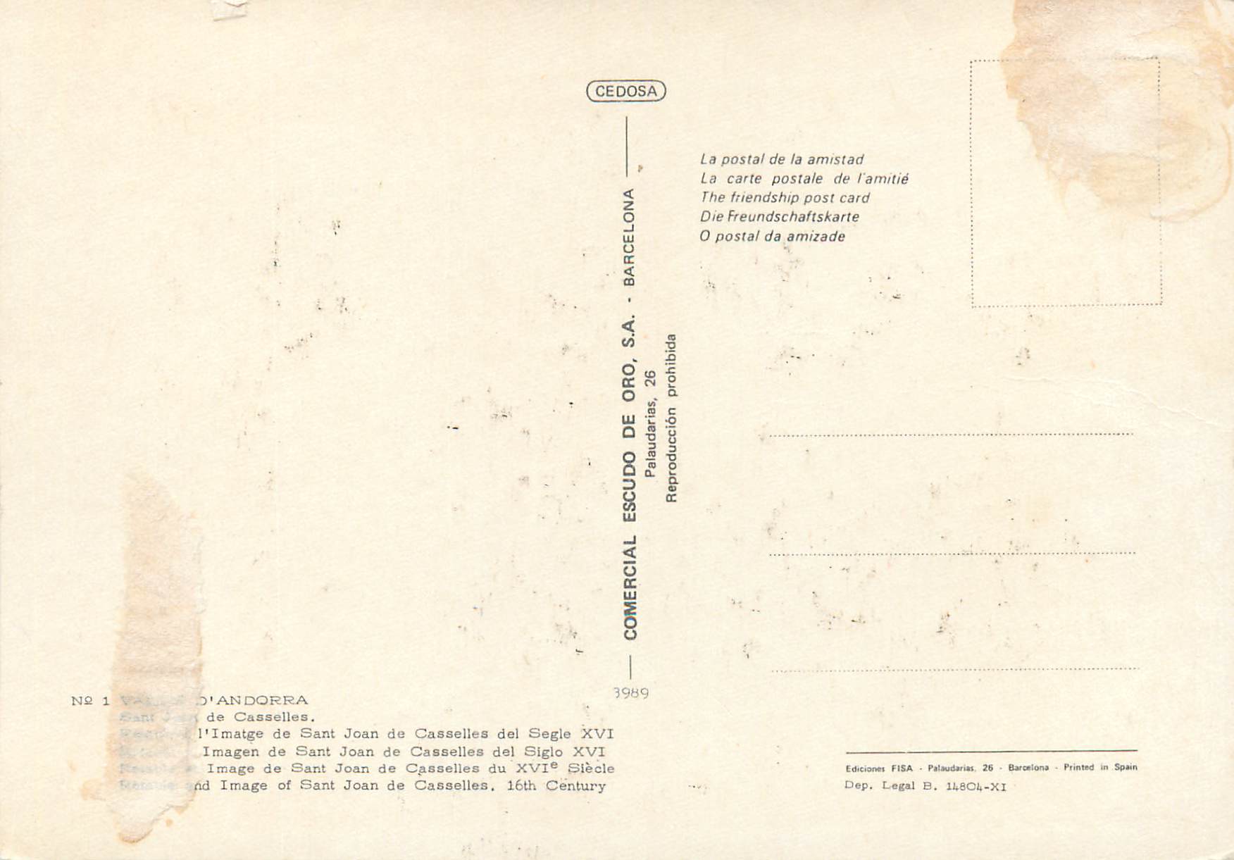 Sant Joan de Casselles — image du XVIe siècle — Éditeur COMERCIAL ESCUDO DE ORO, S.A. — Rückseite