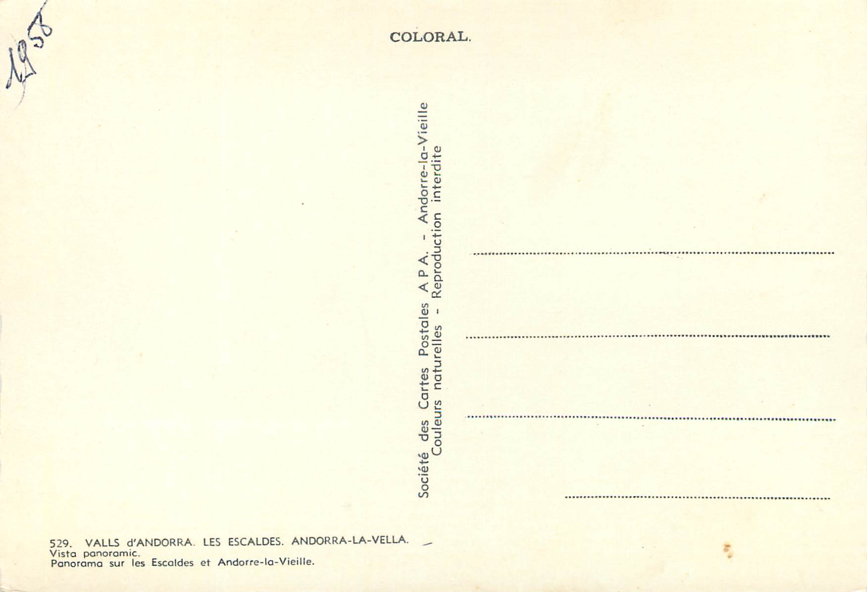 Valls d'Andorra — Les Escaldes et Andorre-la-Vieille — Société des Cartes Postales A.P.A. — Back