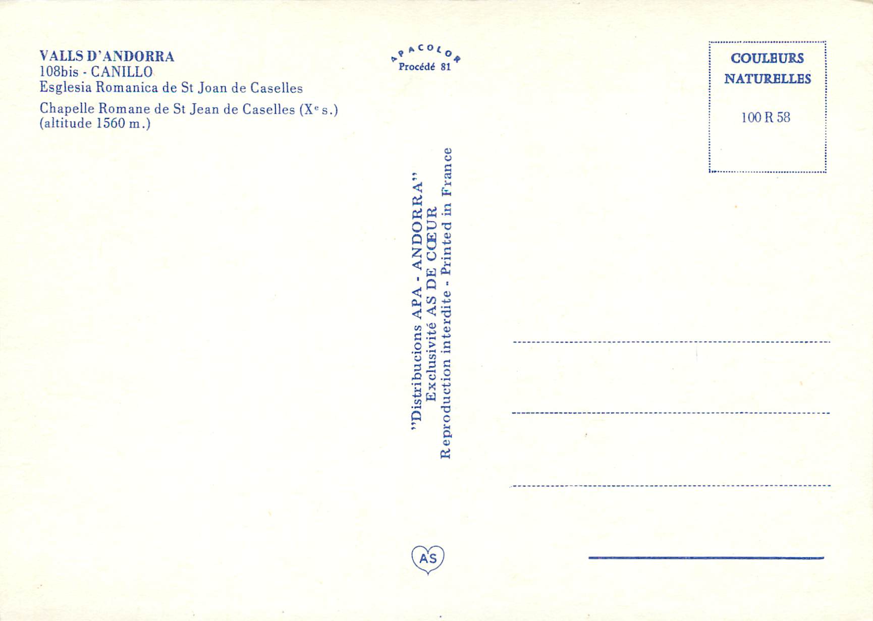 CPM Valls d Andorra Canillo Chapelle Romane de St Jean de Caselles  — Rückseite