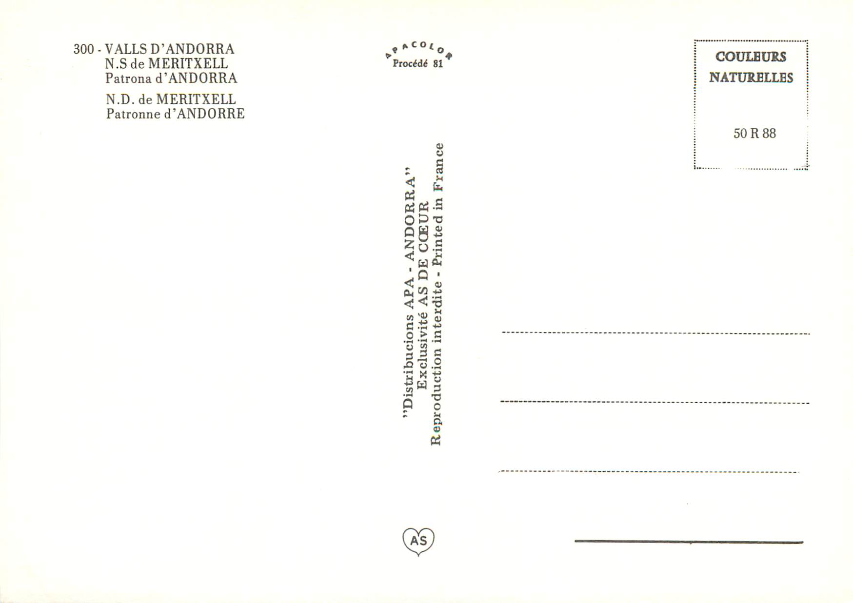 CPM Valls d Andorra ND de Meritexell Patronne d Andorre  — Verso