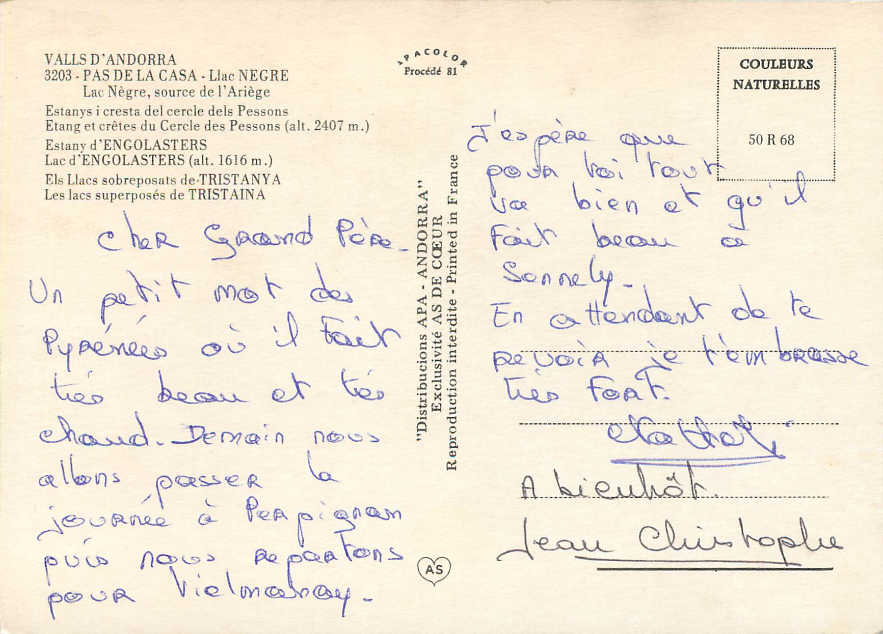 CPM Valls d Andorra Pas da la Casa Llac Negre  — Verso