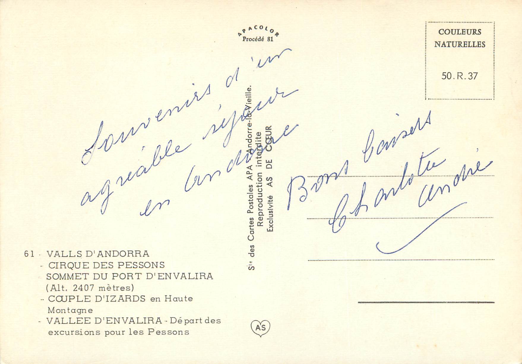 CPM Valls d Andorra Cirque des pessons Sommet du Port d Envalira  — Rückseite