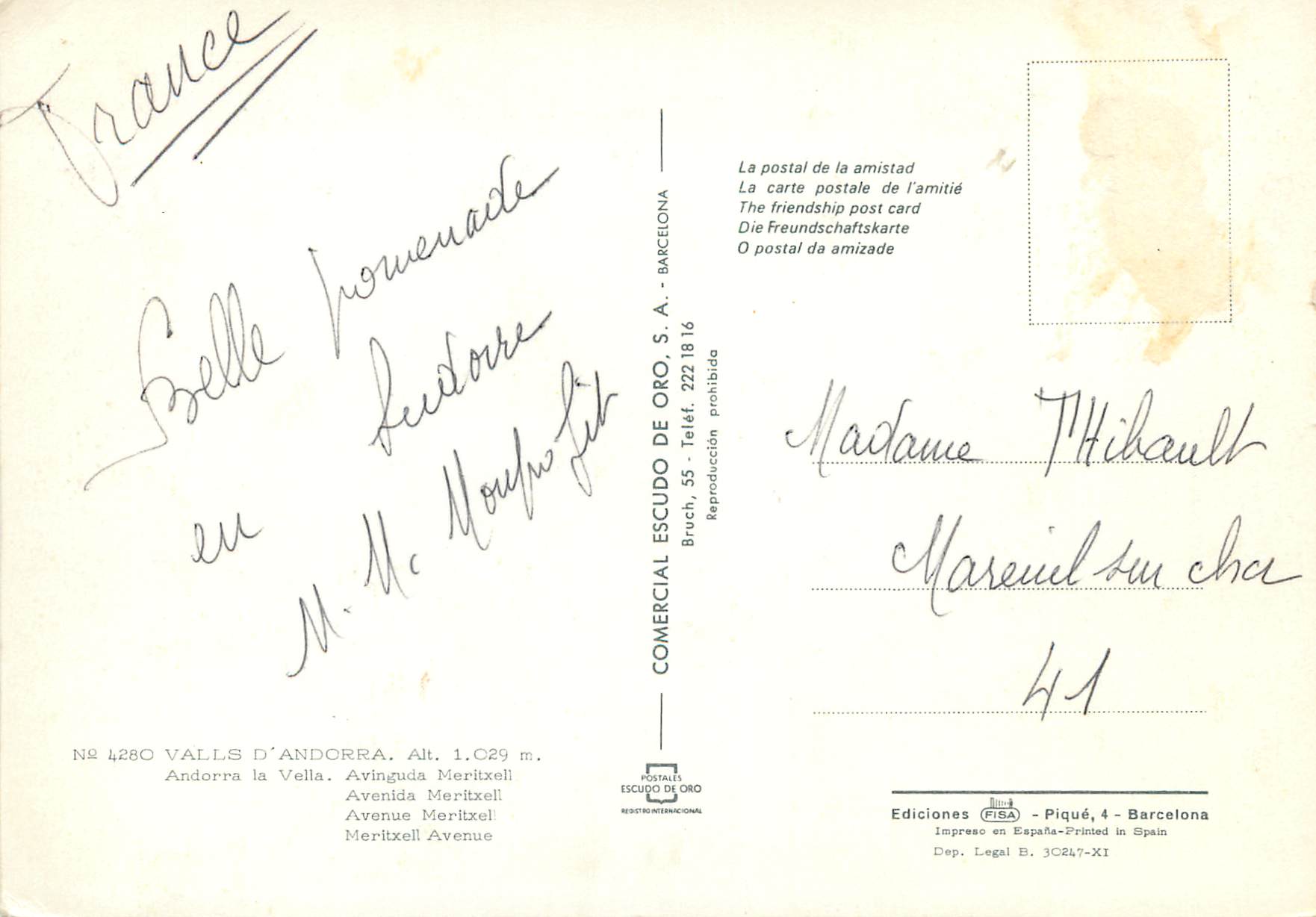 CPM Valls d Andorra Andorra La Vieille Avenue Meritxell  — Verso