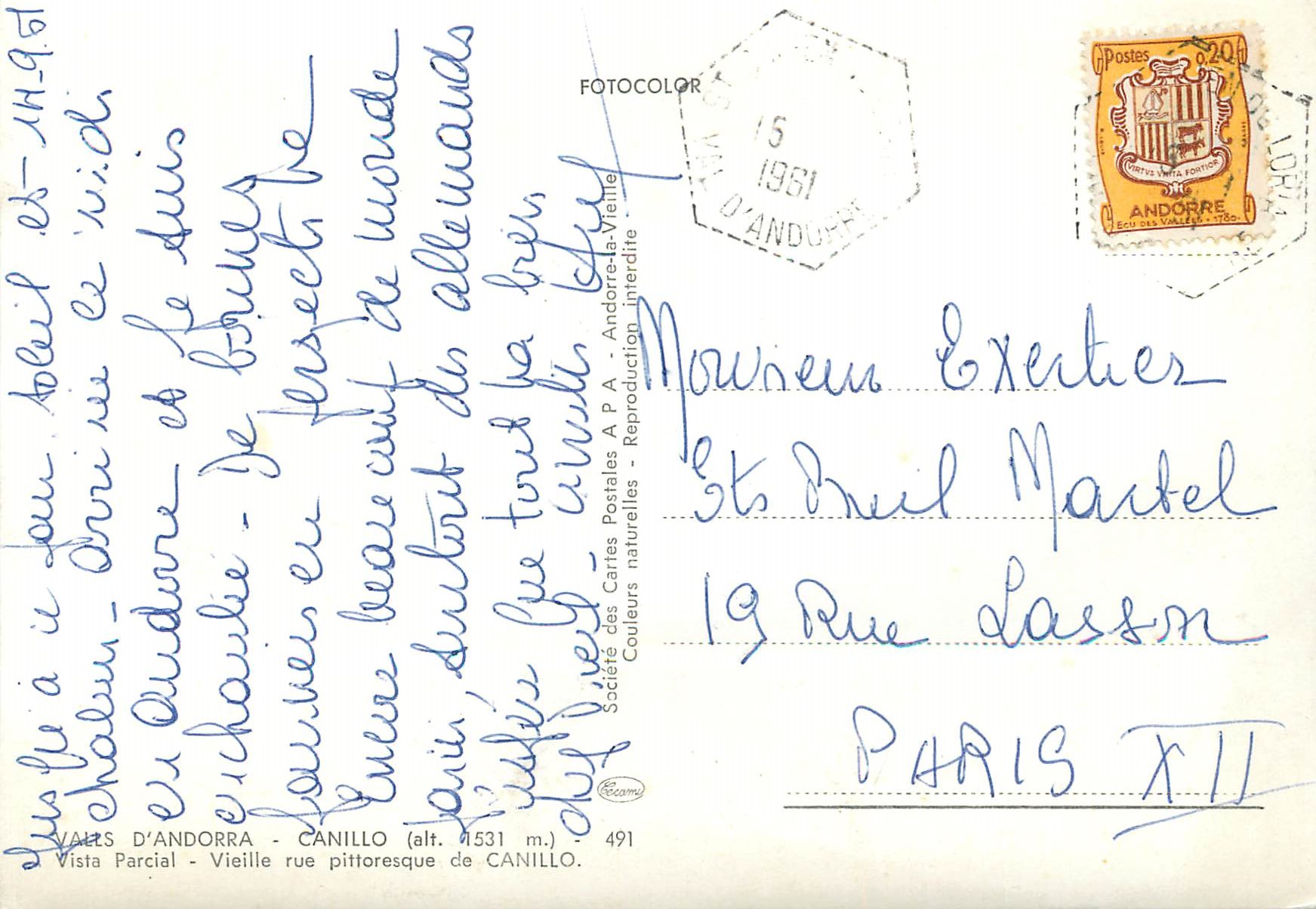 CPM Valls d Andorra Canillo Vieille rue pittoresque de Canillo Ane Donkey — Verso