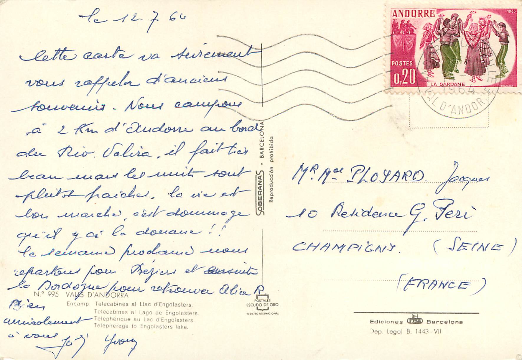 CPM Valls d Andorra Encamp Telepherique au Lac  — Verso
