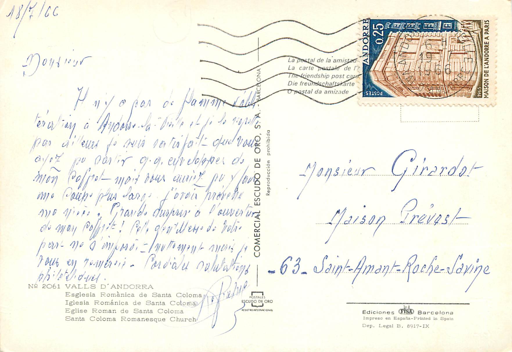 CPM Valls d Andorra Eglise roman de Santa Coloma  — Verso