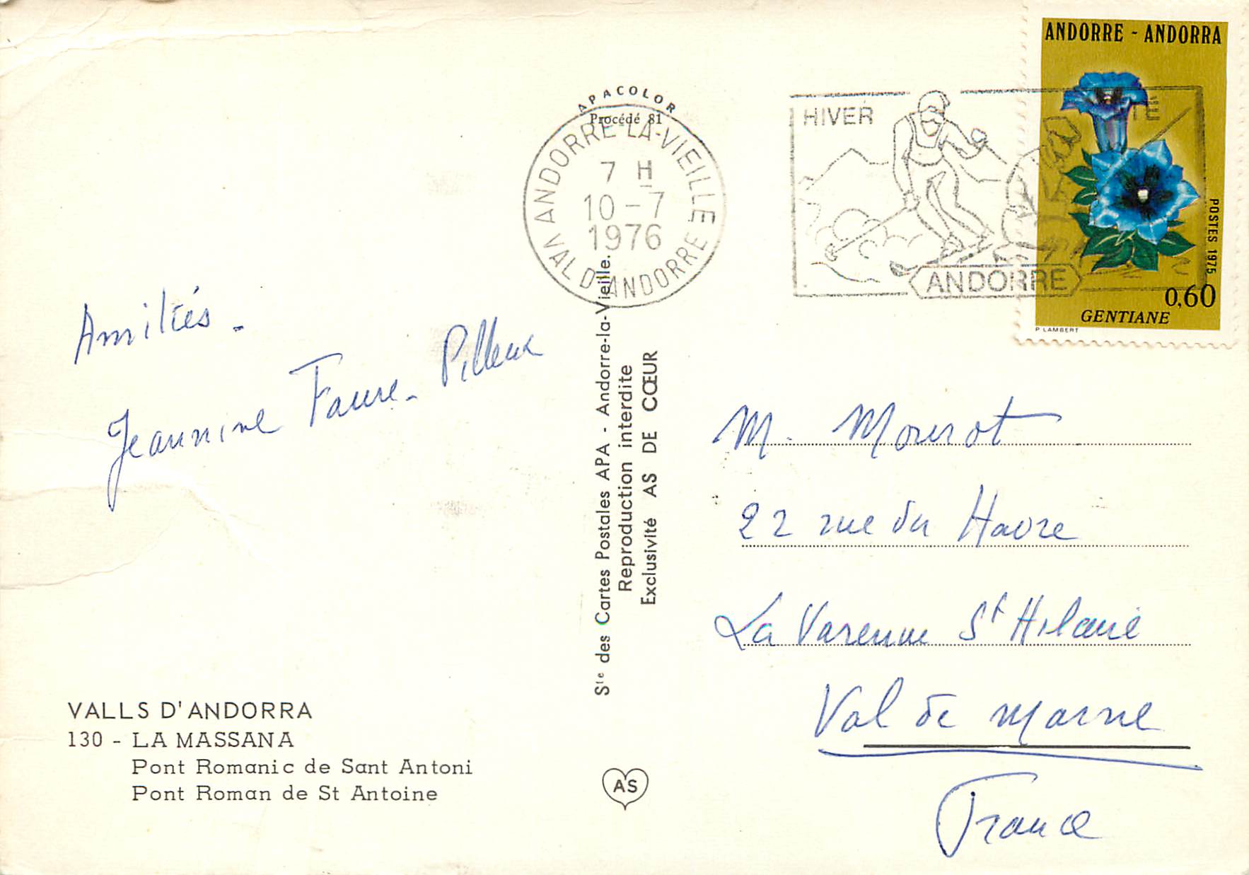 CPM Valls d Andorra La Massana Pont Roman de St Antoine  — Rückseite