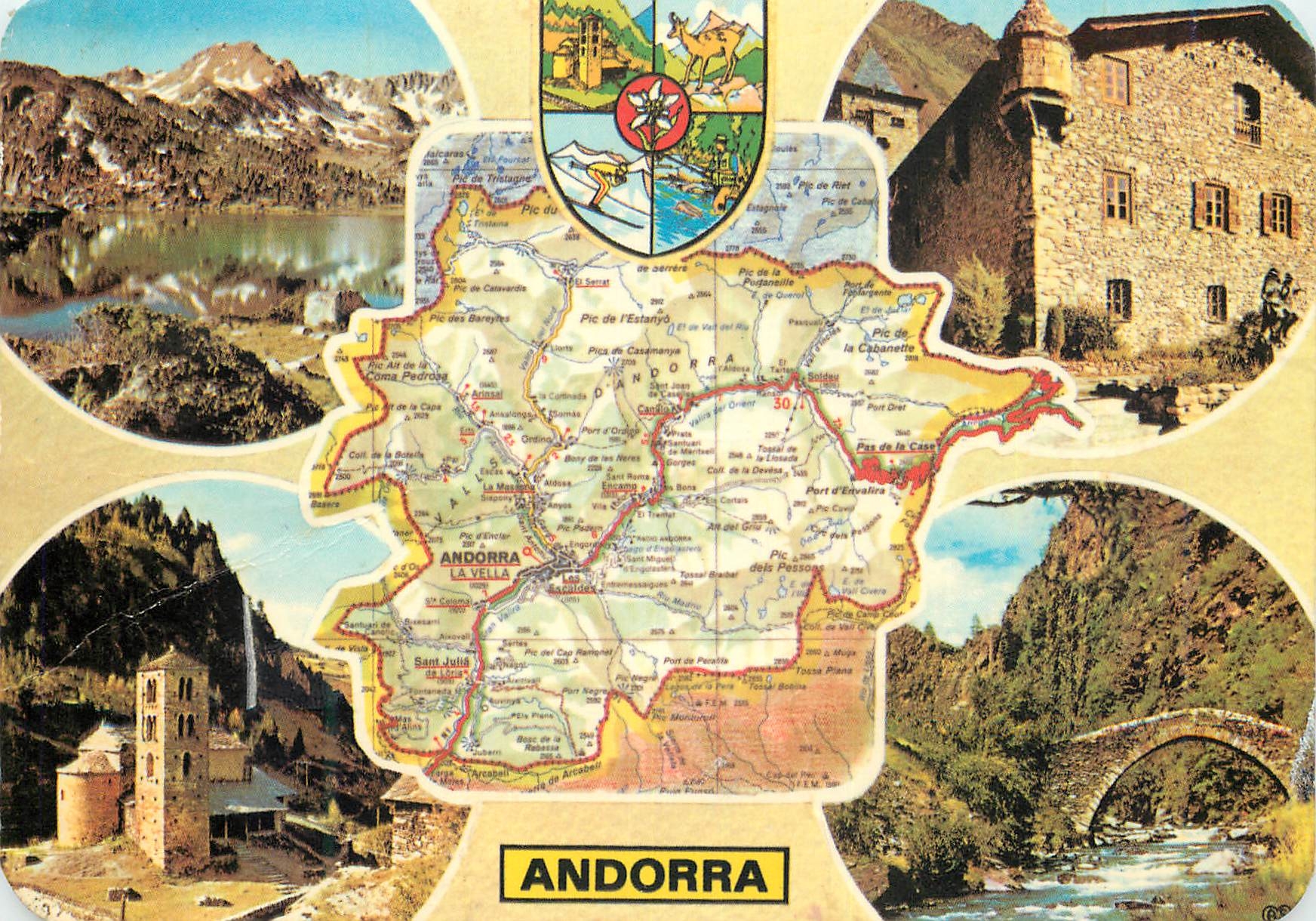 Andorre — Carte postale touristique avec carte et paysages — éditeur APACOLOR, n° 3005