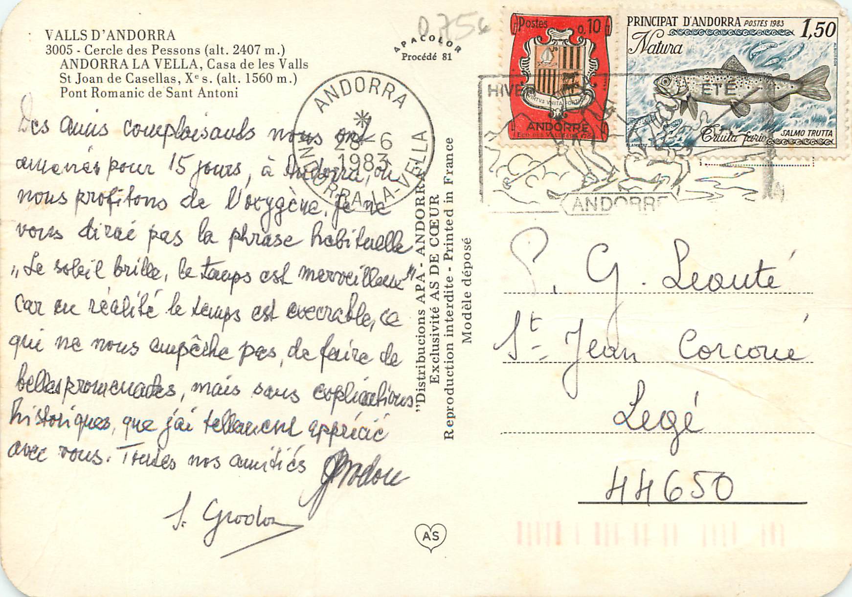 Andorre — Carte postale touristique avec carte et paysages — éditeur APACOLOR, n° 3005 — Reverso