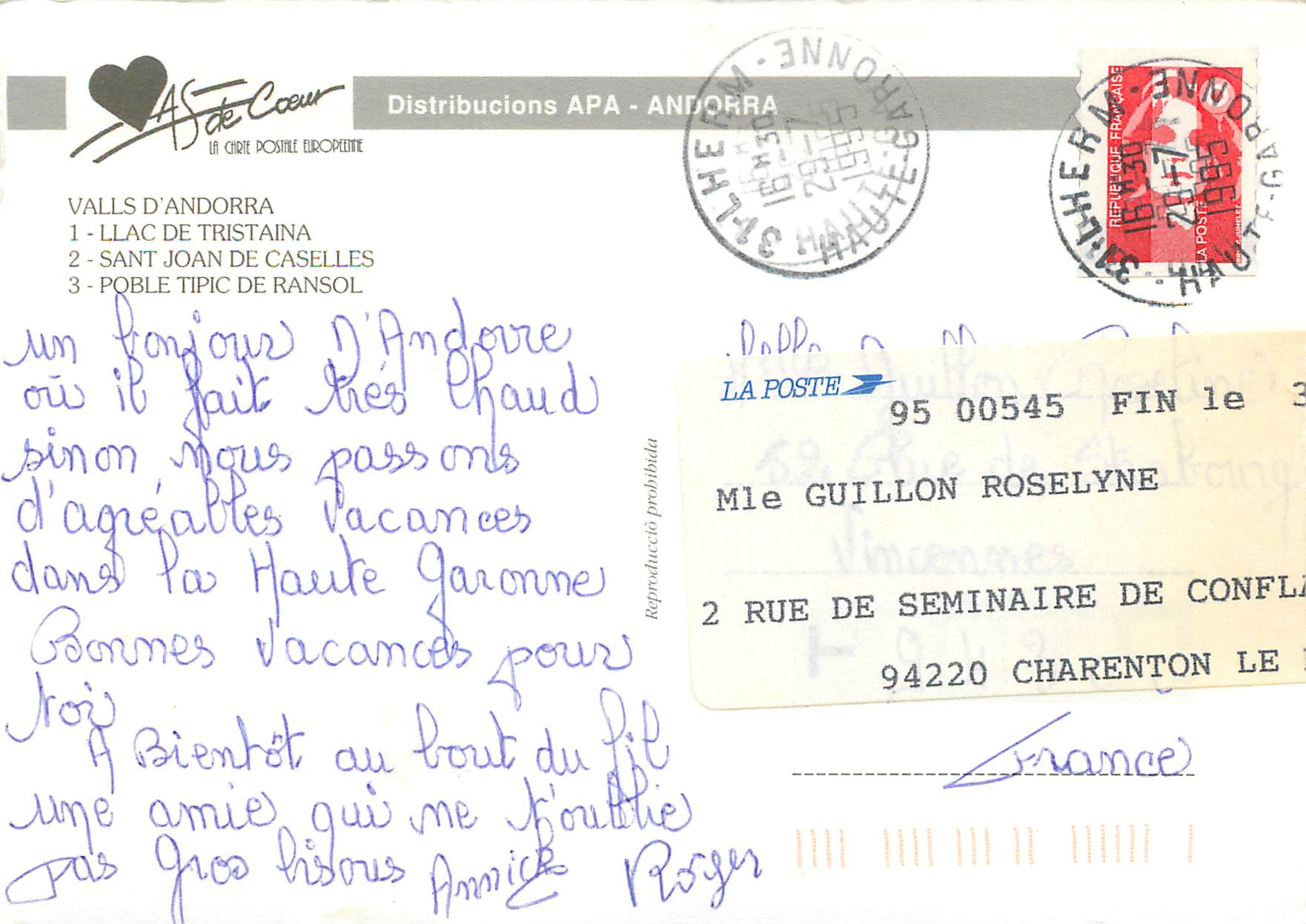 CPM Valls d Andorra Llac de Tristraina Sant Joan de Caselles Poble tipic de Ransol  — Rückseite