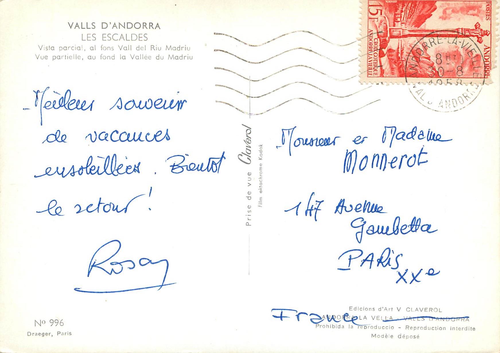 Valls d'Andorra — Vue partielle au fond la Vallée du Madriu — Edicions d'Art V Claverol, No 996 — Rückseite