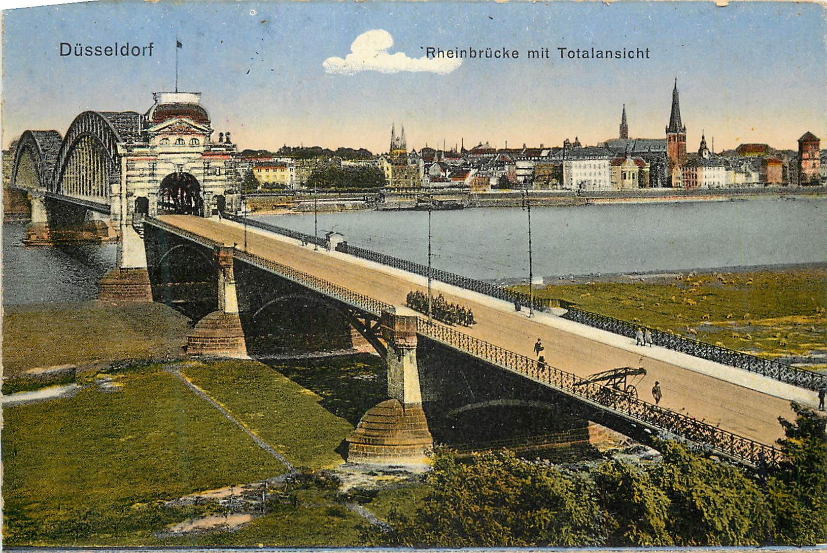 CPA Dusseldorf Rheinbrucke mit Totalansicht 