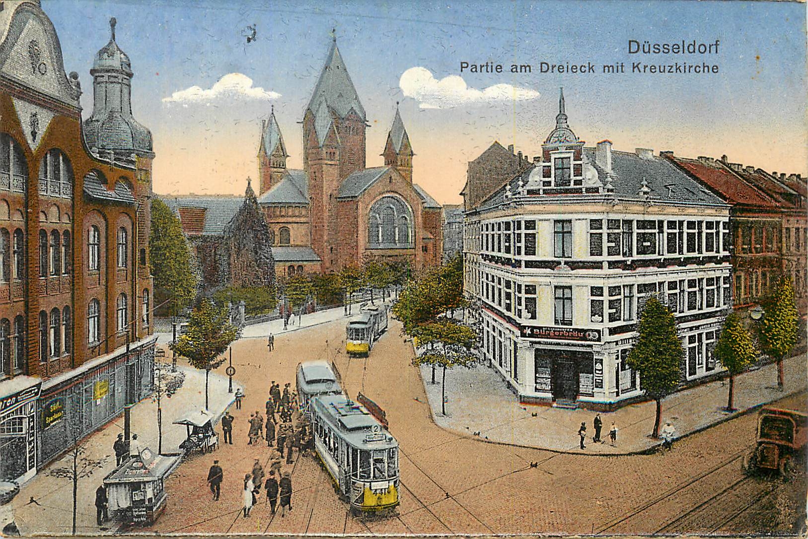 CPA Dusseldorf Partie am Dreieck mit Kreuzkirche Tramway
