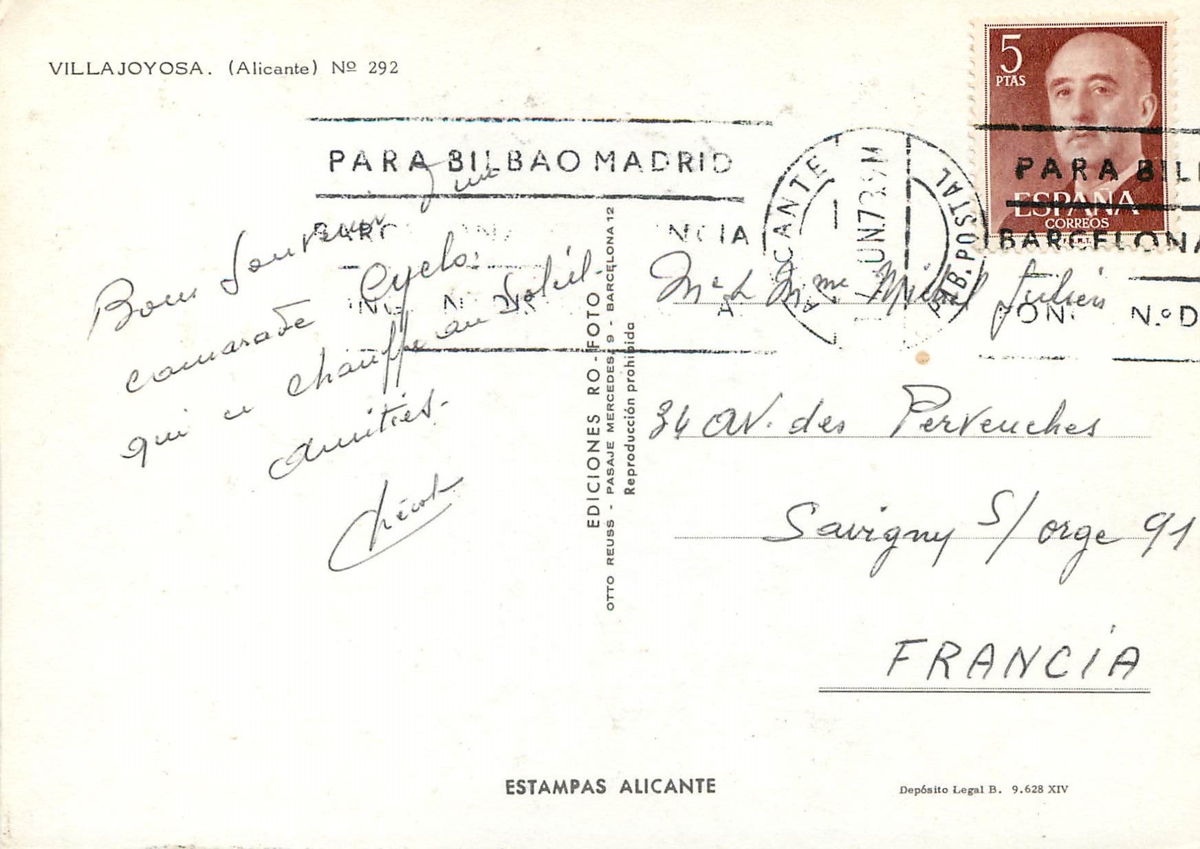 CPM Villajoyosa Alicante Bateau — Verso