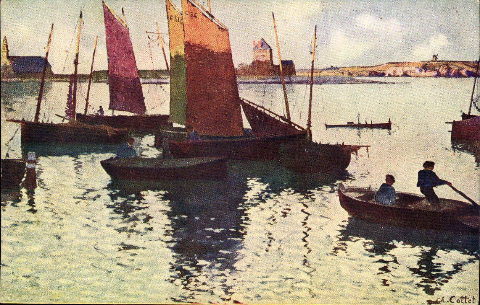 Port de pêcheurs — bateaux à voiles colorées — Ch. Cottet