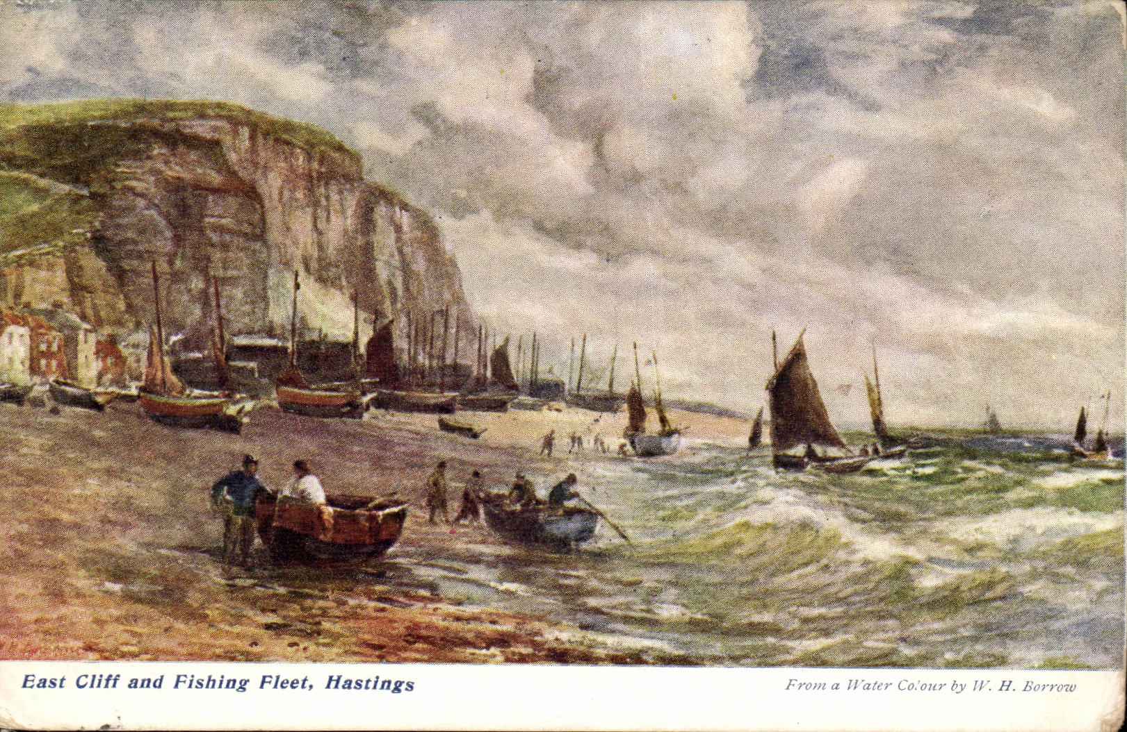 East Cliff and Fishing Fleet, Hastings — From a Water Colour by W.H. Borrowow — The B. & W. Series, Hastings