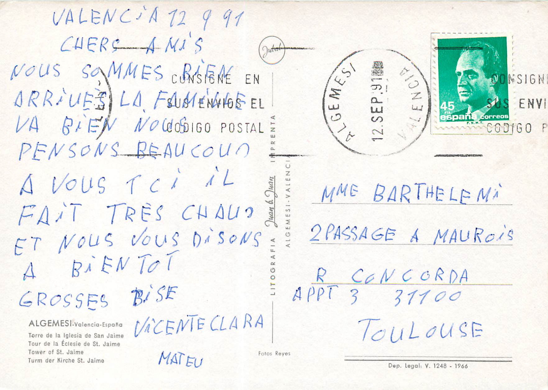 CPM Algemes Valencia Espana Toue de laEstesia de St Jaime  — Back