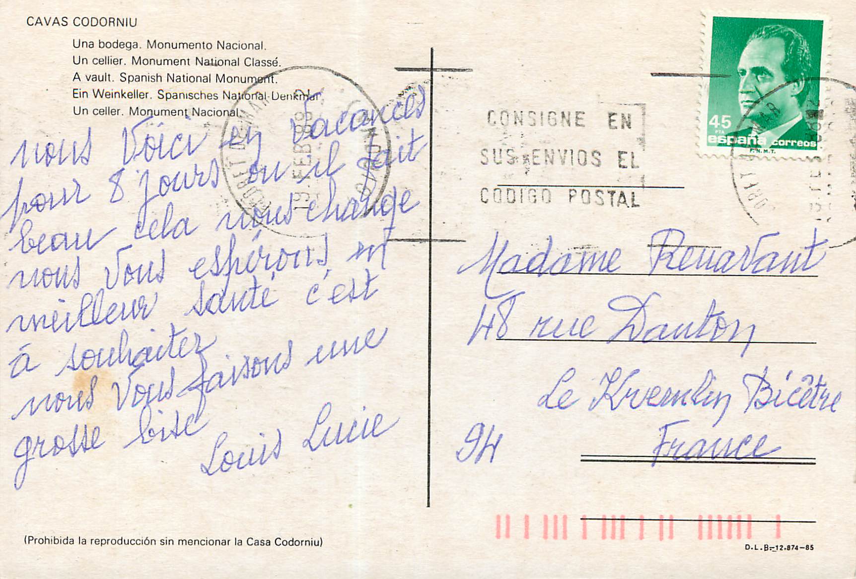 CPM Cavas codorniu un cellier monument National Classe — Back