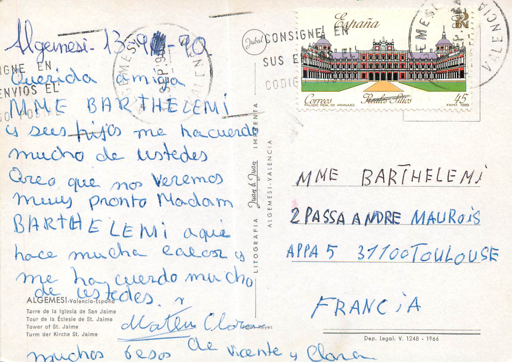 CPM Algemesi Valencia Espana Tour de la Eclesia de St Jaime — Back