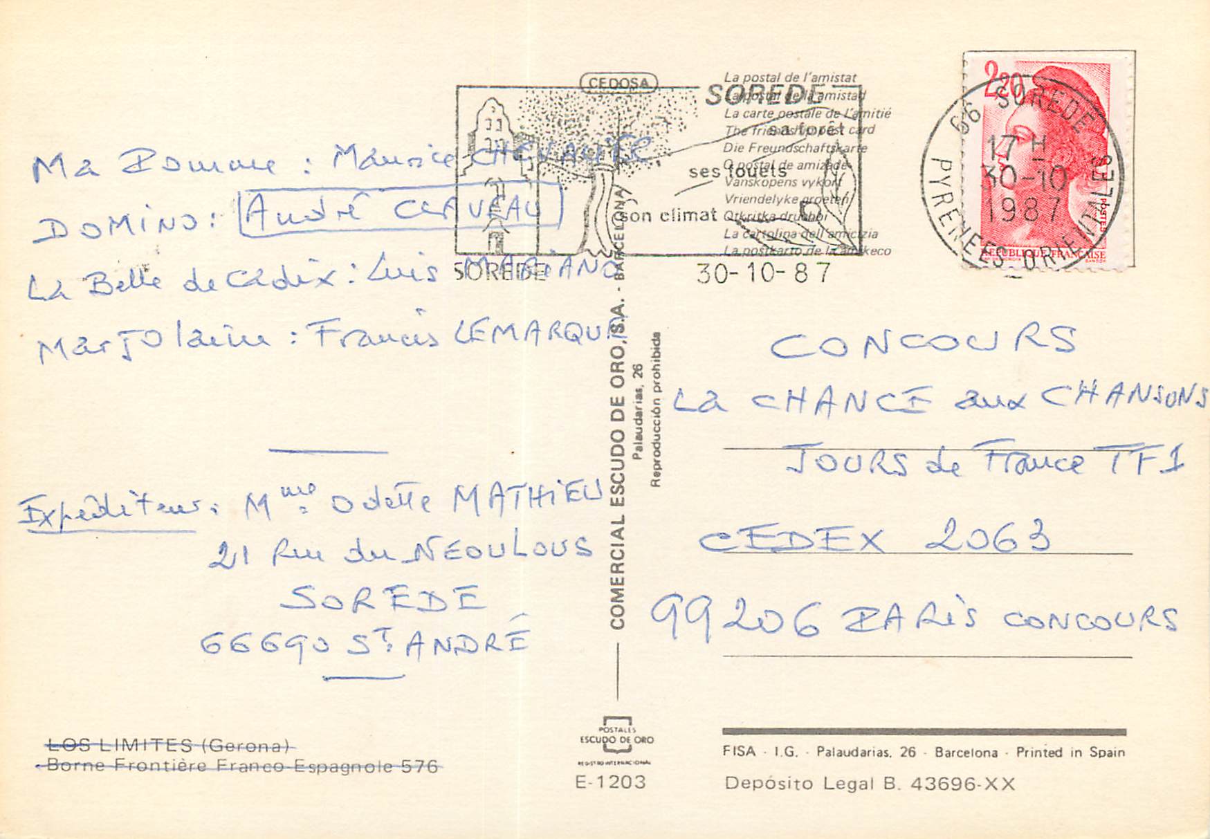 CPM Los limites (gerona) borne froniere espagnole 576 Esso Exxon Petrole — Rückseite