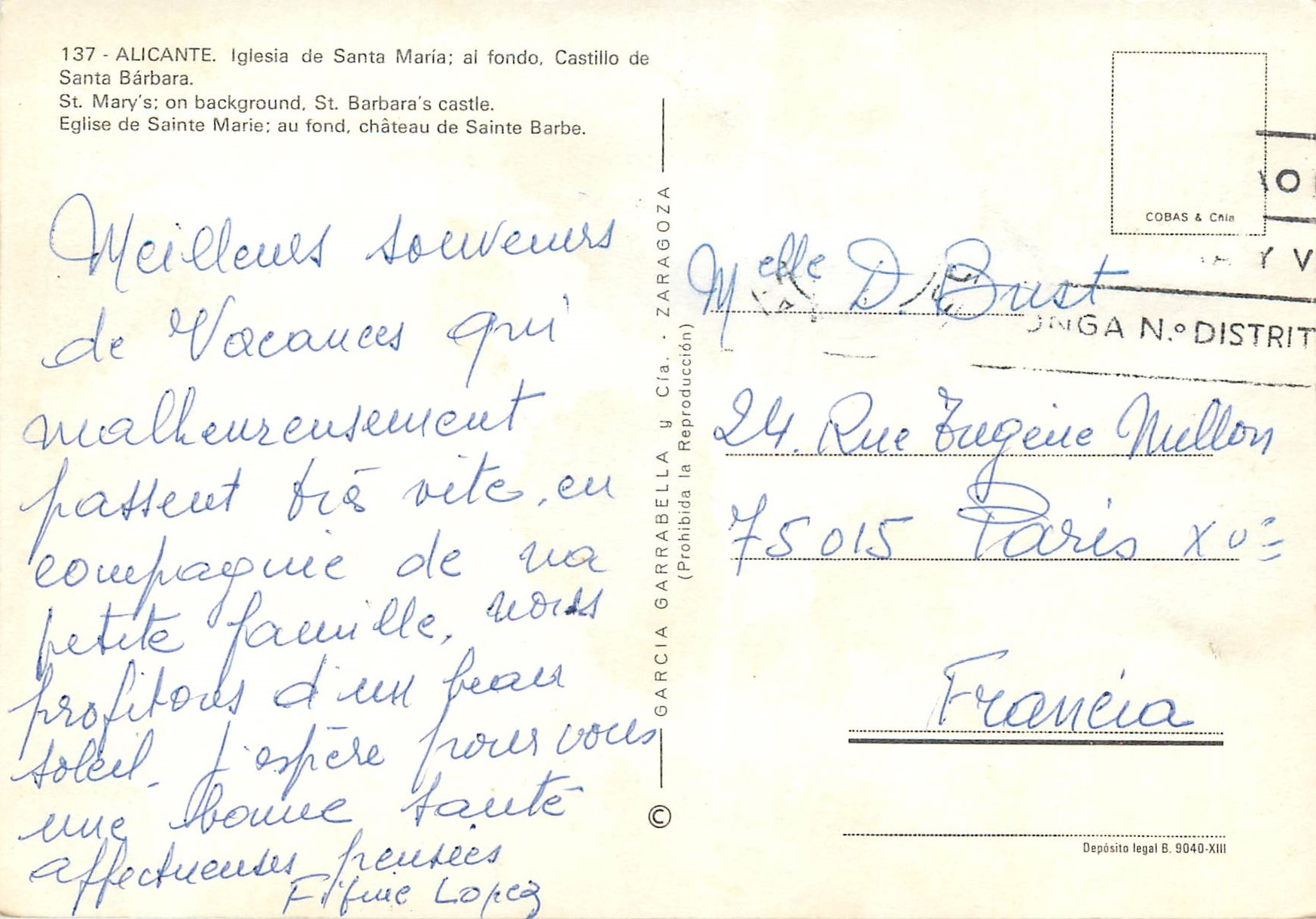 CPM Alicante  eglise de sainte mari au fond chateau de sainte barbe — Rückseite