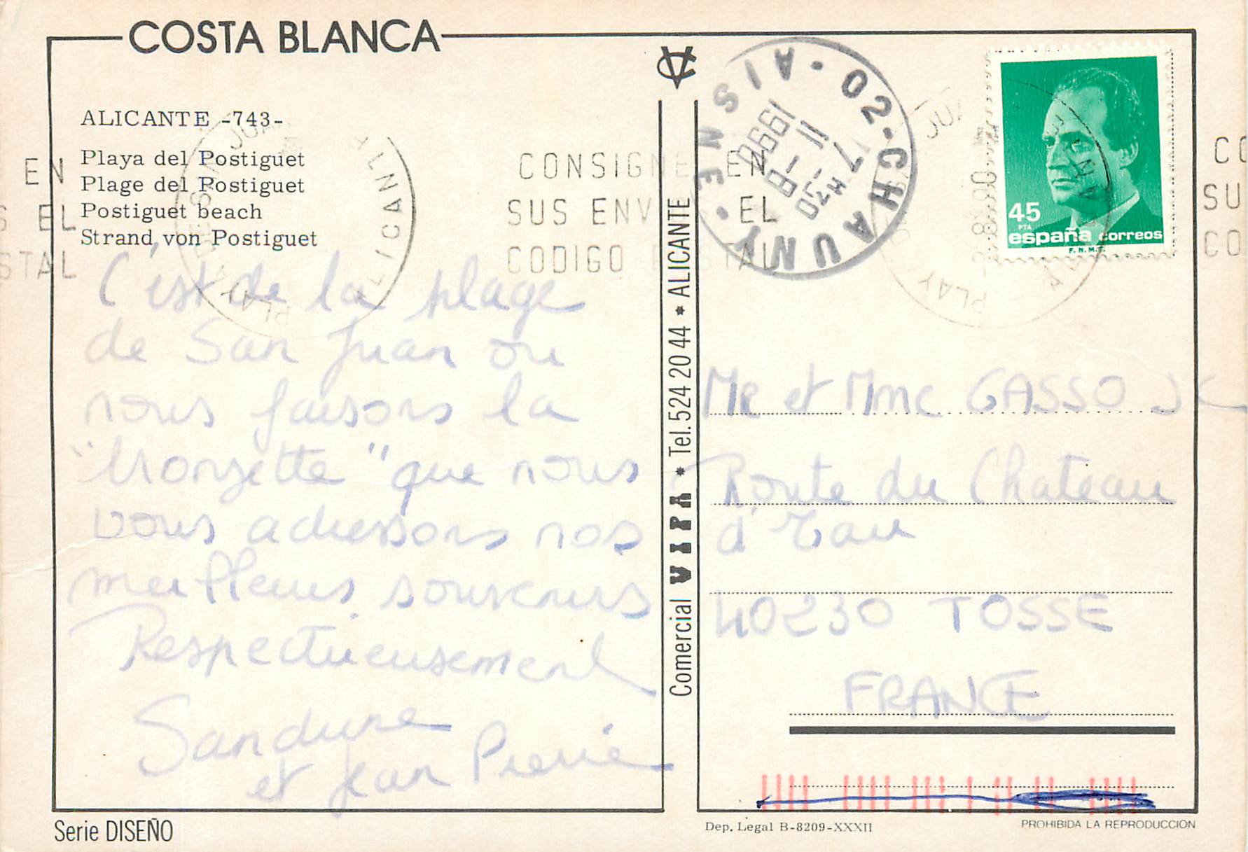 CPM Alicante  plage del postiguet — Verso