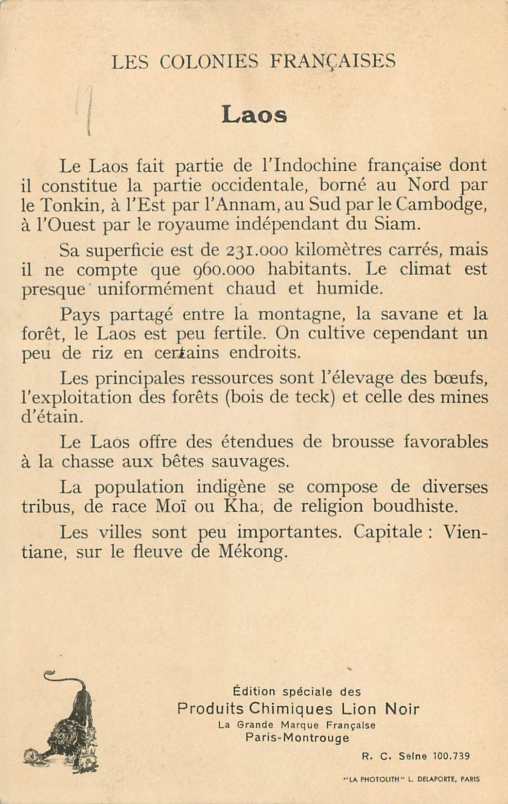 CPM colonies francaises le laos Elepahnt Tigre — Rückseite
