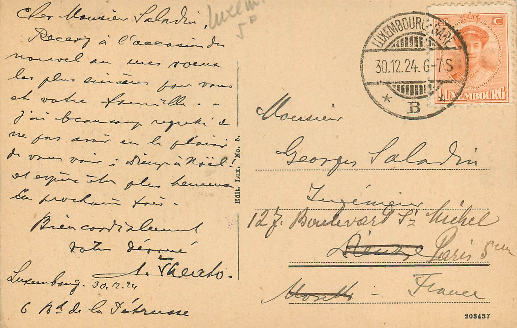 CPA Luxembourg palais grand ducal — Verso