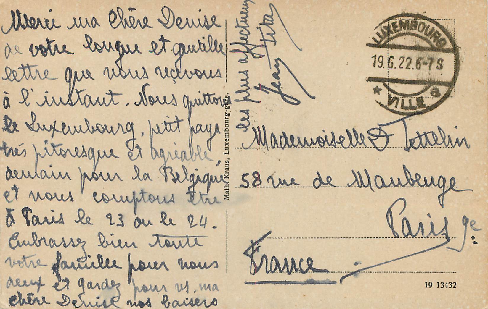 CPA Luxembourg caisse d'epargne et direction des chemins de fer — Verso