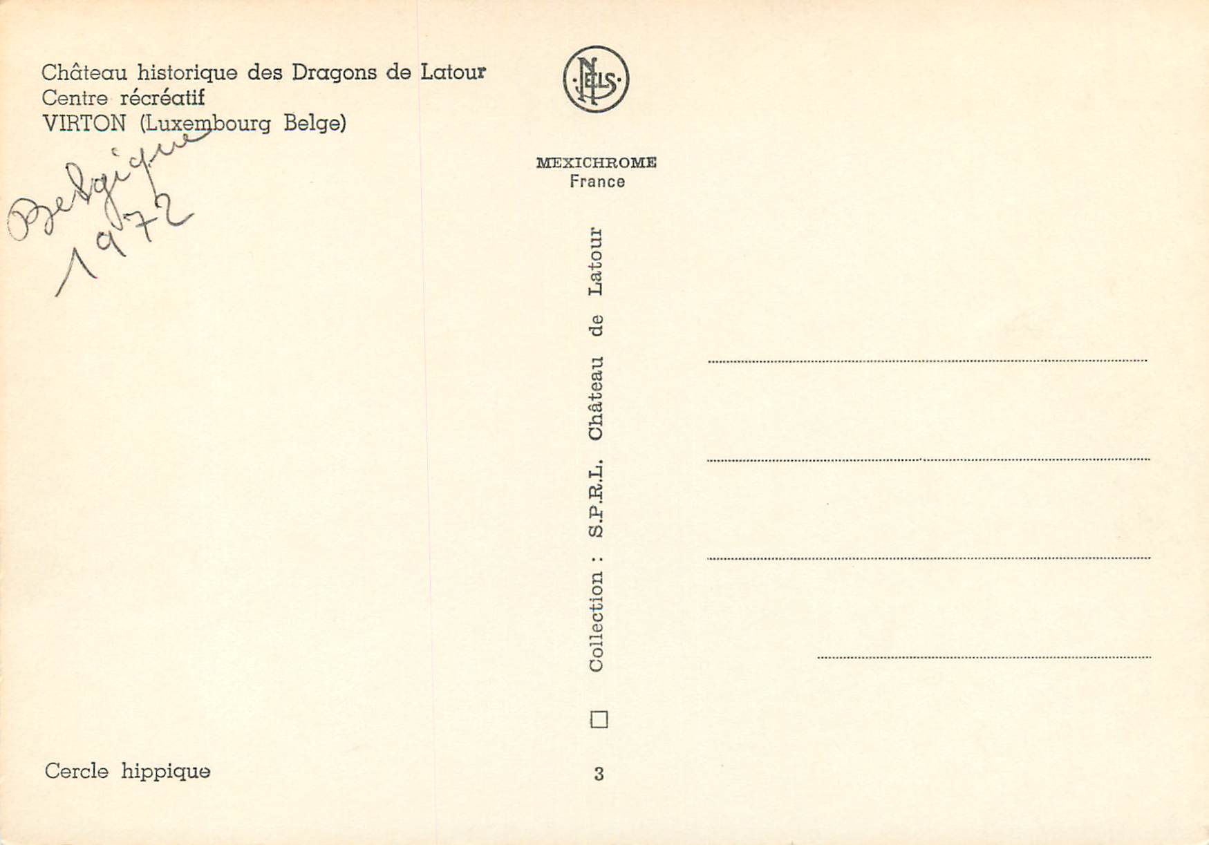 CPM Luxembourg Chateau historique des Dragons de Latour Virton Centre recreatif Cheval — Verso