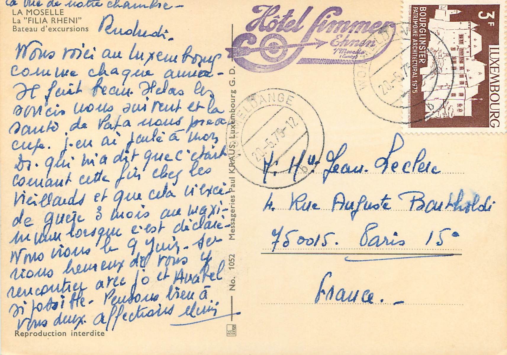 CPM Luxembourg La Moselle Bateau La Filia Rheni — Verso