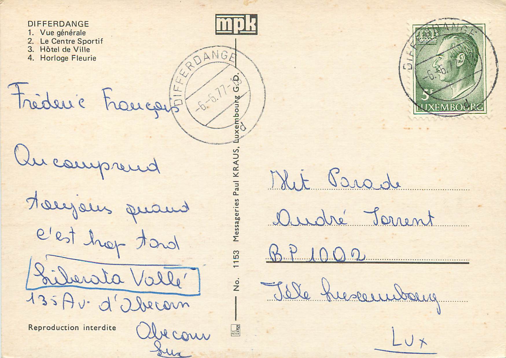 CPM Luxembourg Vue generale Centre sportif Hotel de ville Horloge fleurie — Verso