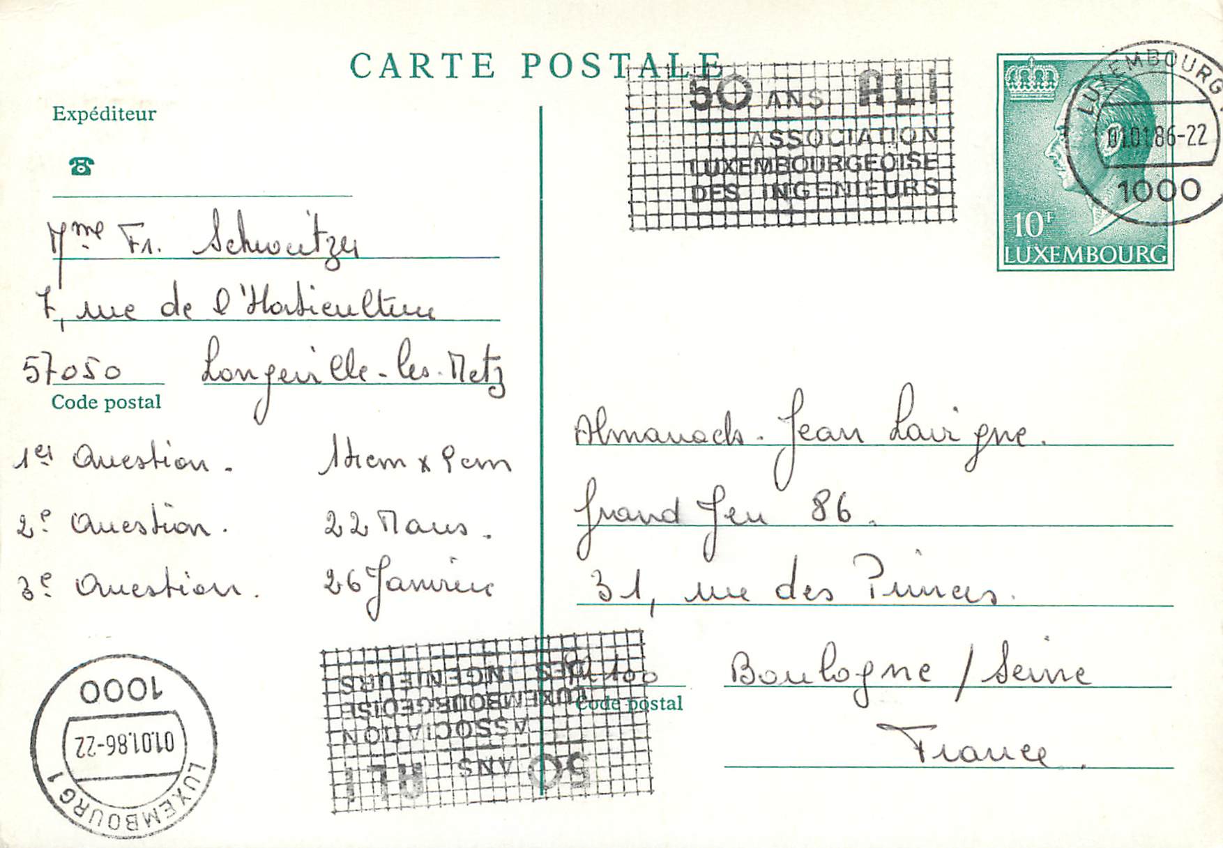 Entier Postal Luxembourg 10F 1986 pour Boulogne sur Seine