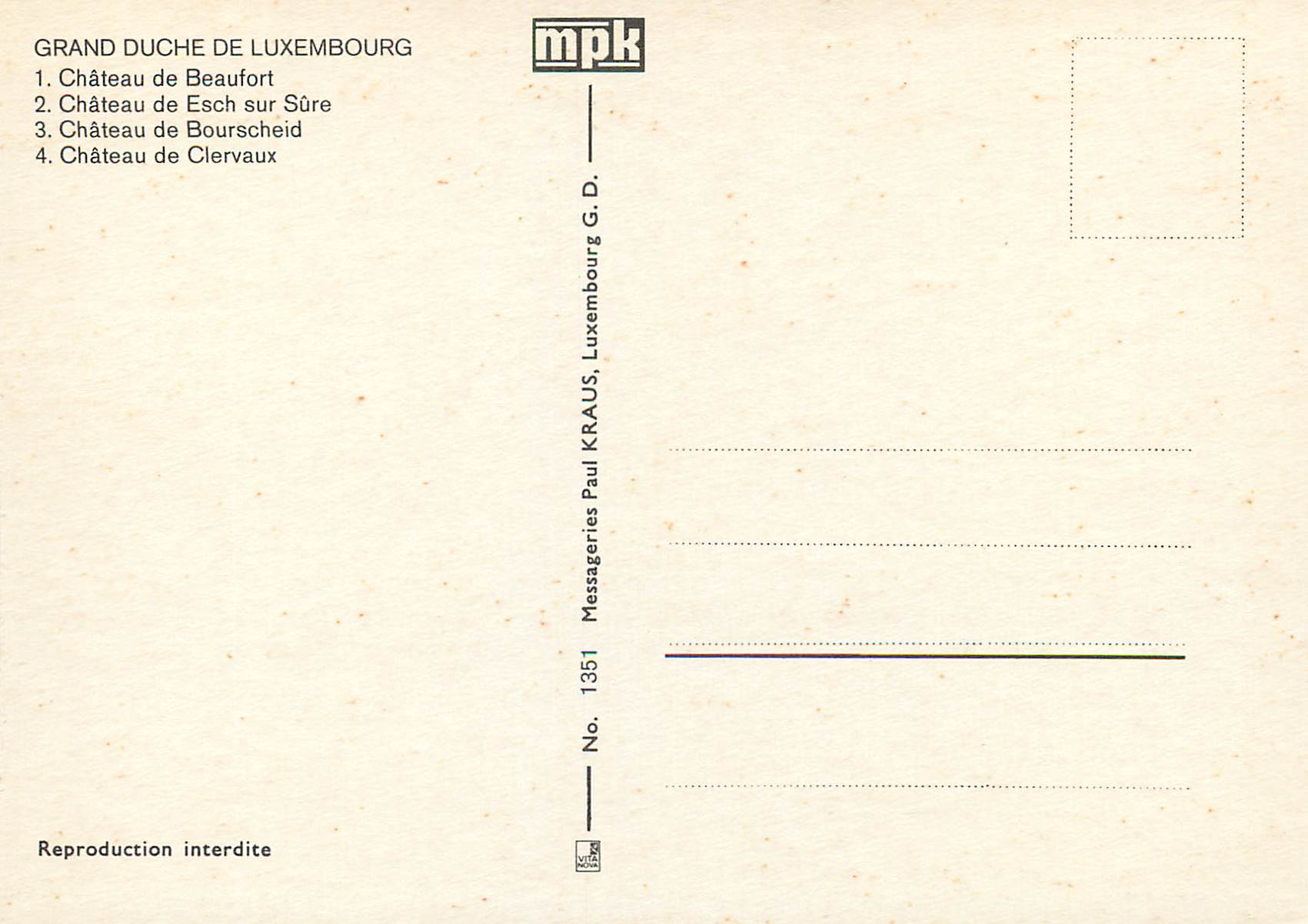 CPM Luxembourg Chateau de Beaufort — Verso