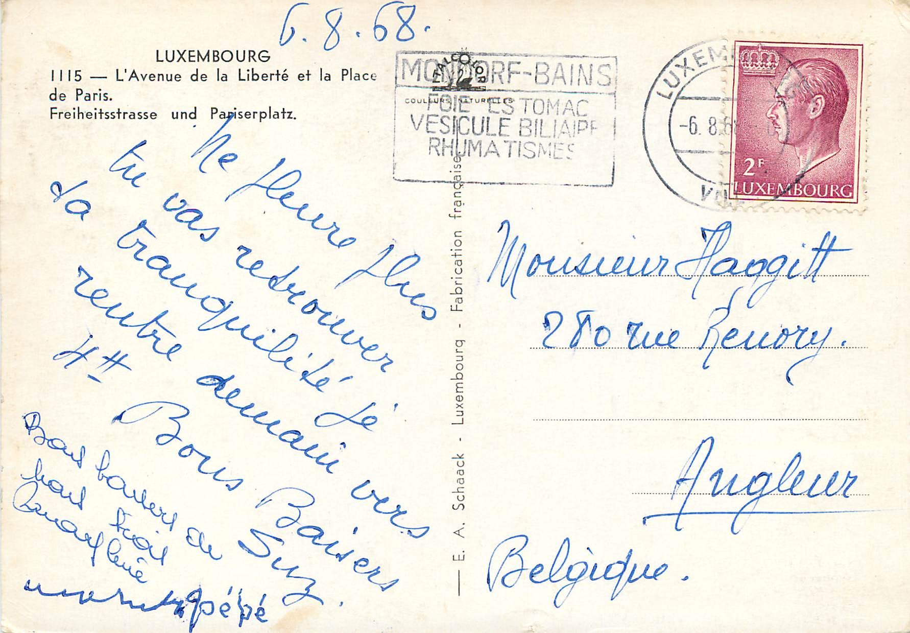 CPM Luxembourg L'avenue de la Liberte et la Place de Paris — Verso