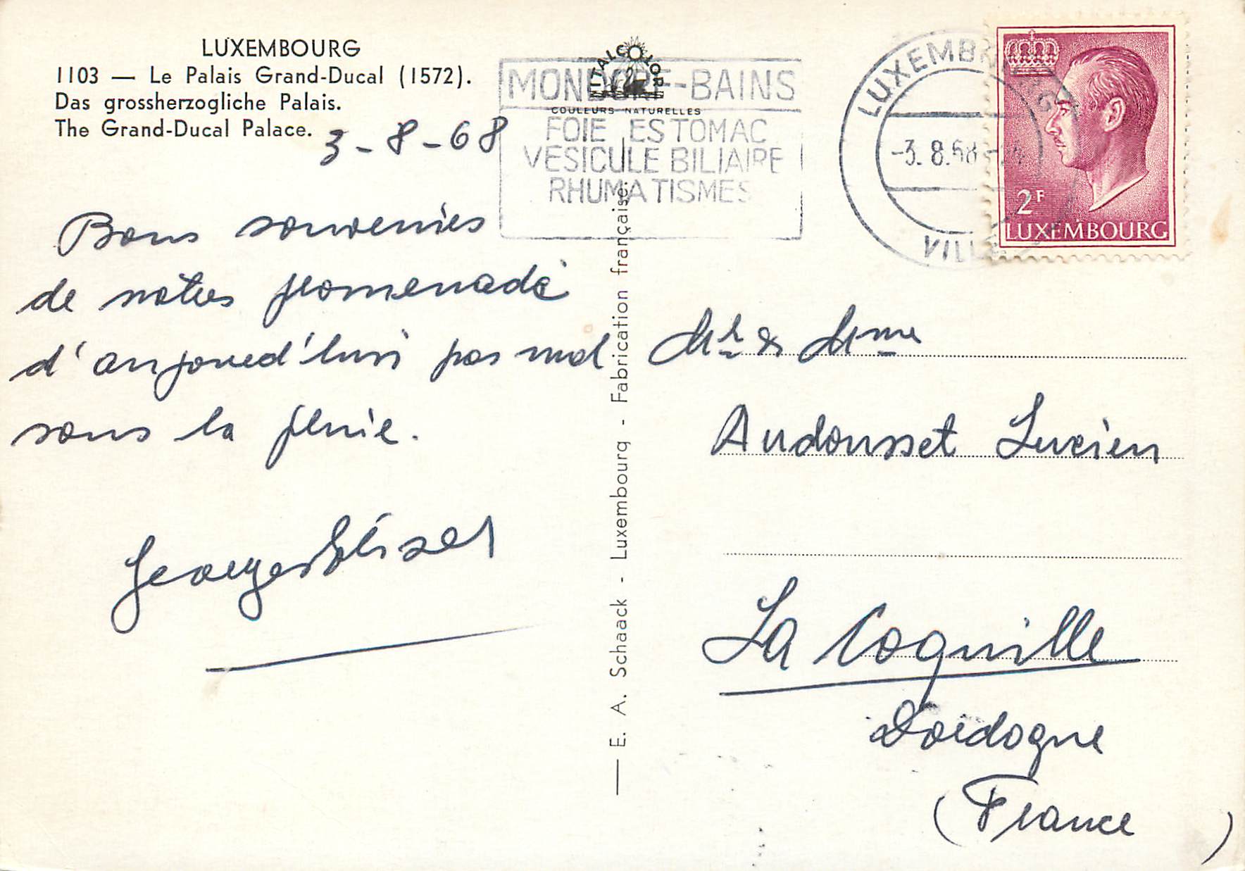 CPM Luxembourg Le Palais Grand-Ducal (1572) — Verso
