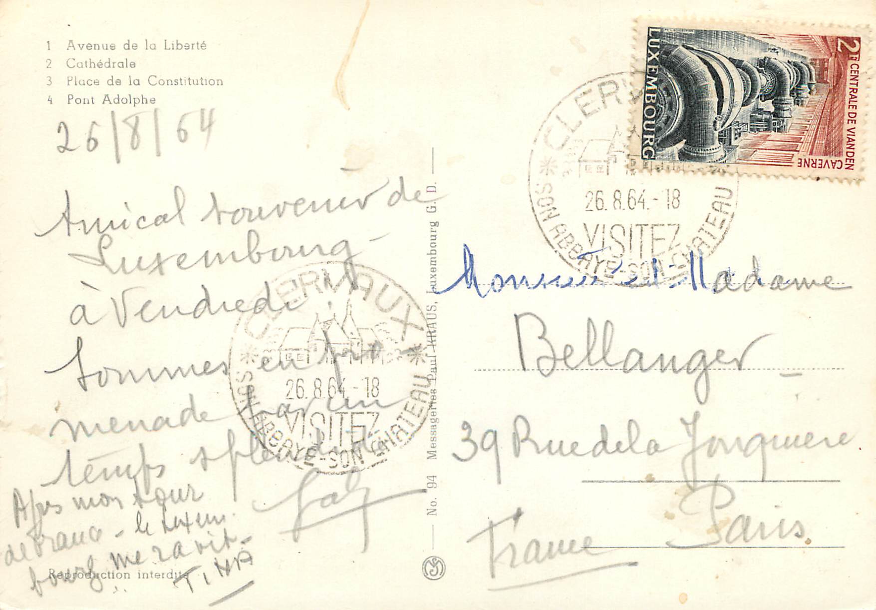 CPM Luxembourg Avenue de la Liberte — Rückseite