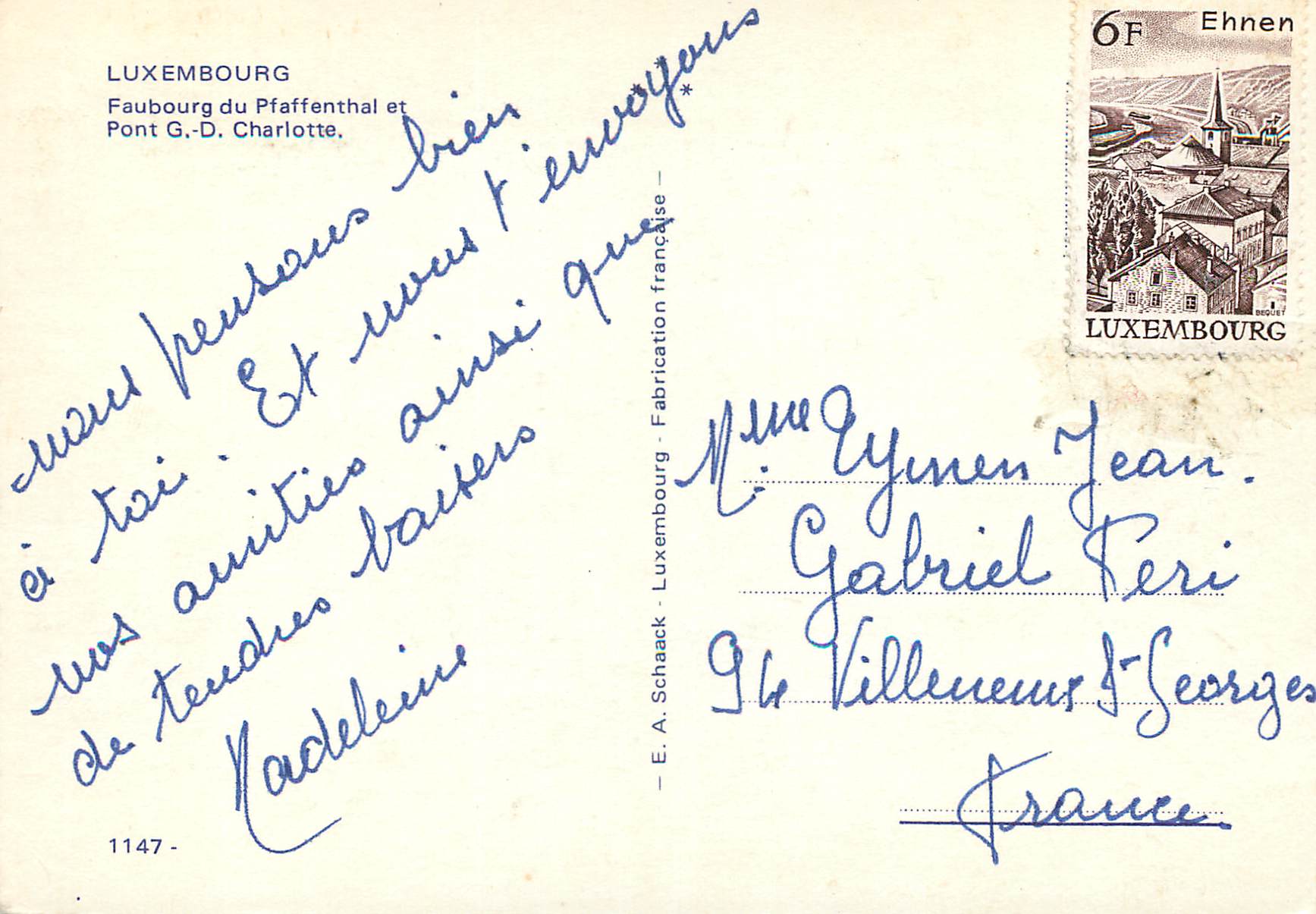 CPM Luxembourg Faubourg du Pfaffenthal et Pont G D Charlotte — Verso
