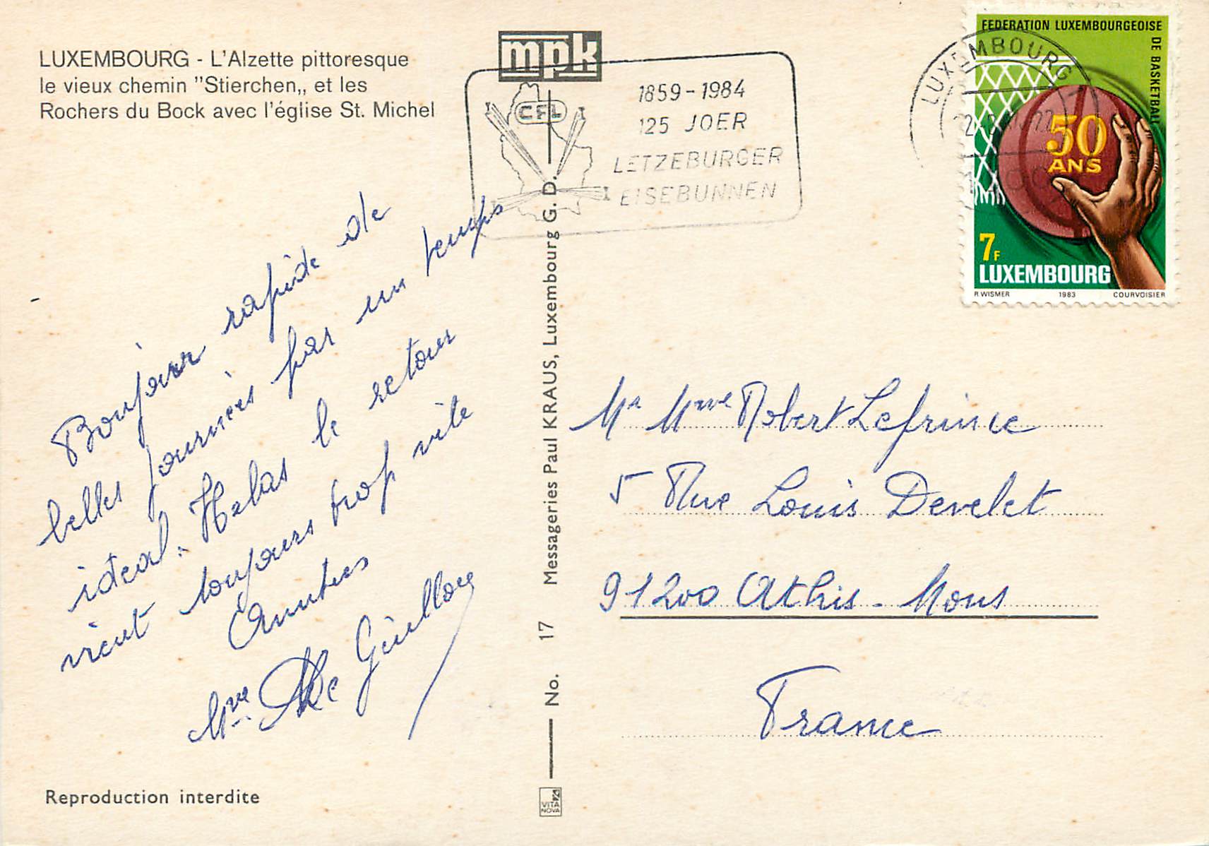 CPM Luxembourg L'Alzette pittoresque le vieux chemin Stierchen et les Rochers du Bock avec l'eglise St Michel — Verso