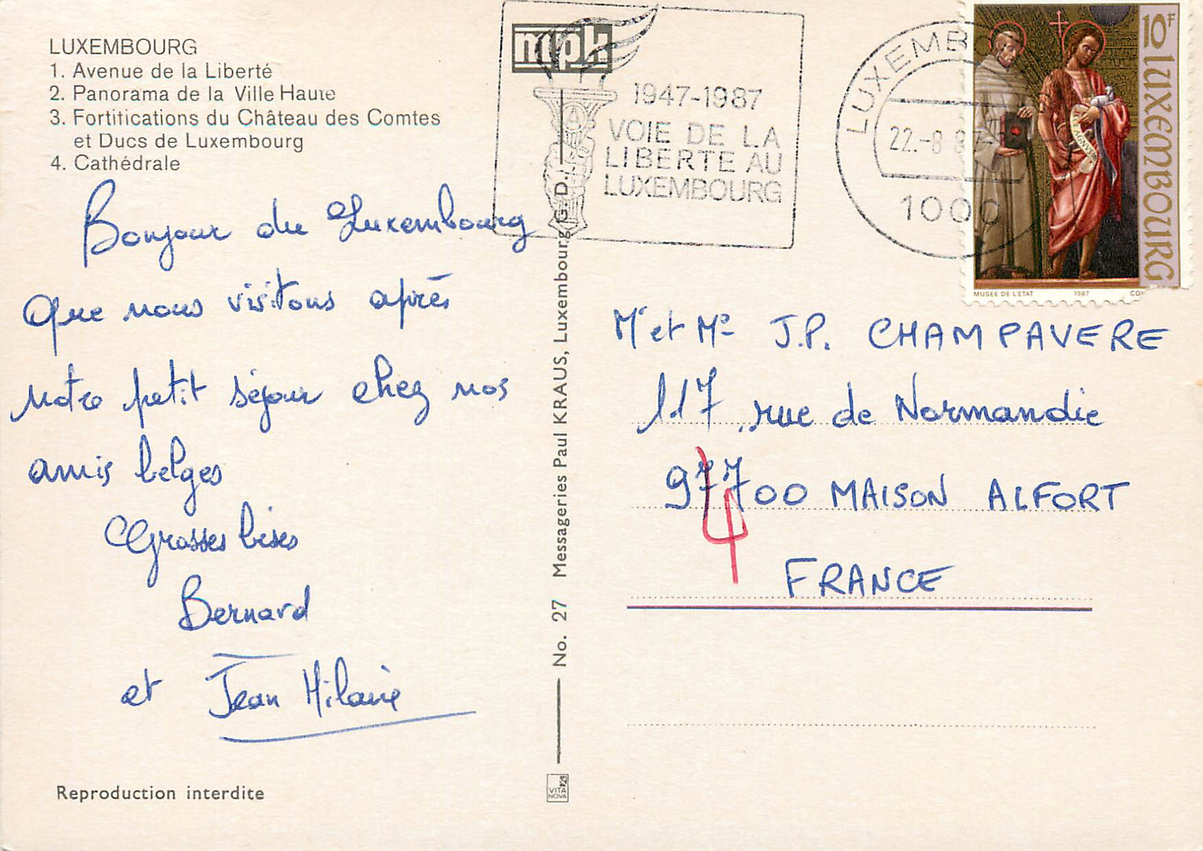 CPM Luxembourg Avenue de la Liberte — Verso