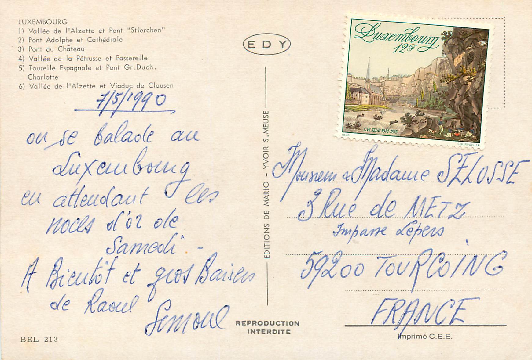 CPM Luxembourg Vallee de l'Alzette et Pont Stierchen — Verso