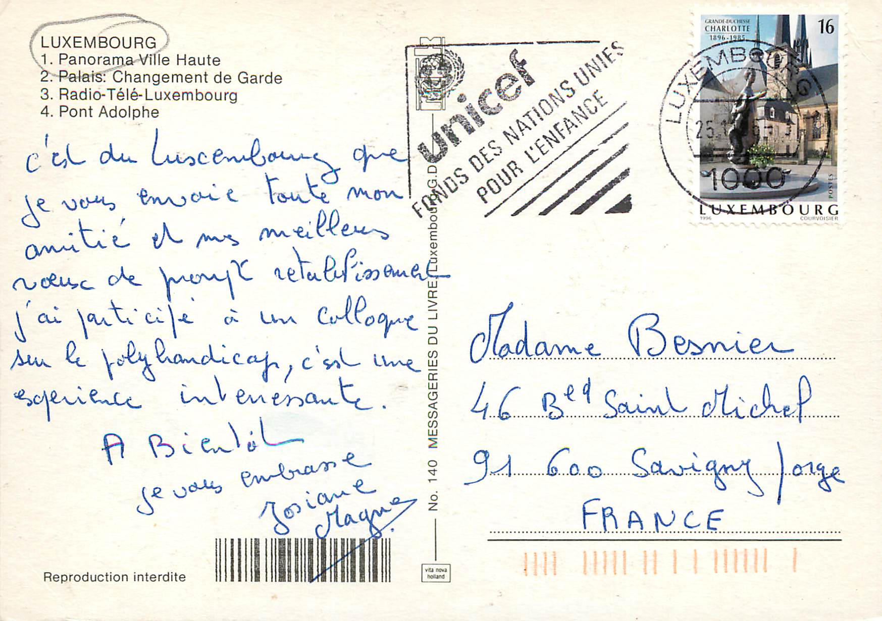 CPM Luxembourg Panorama Ville Haute — Verso