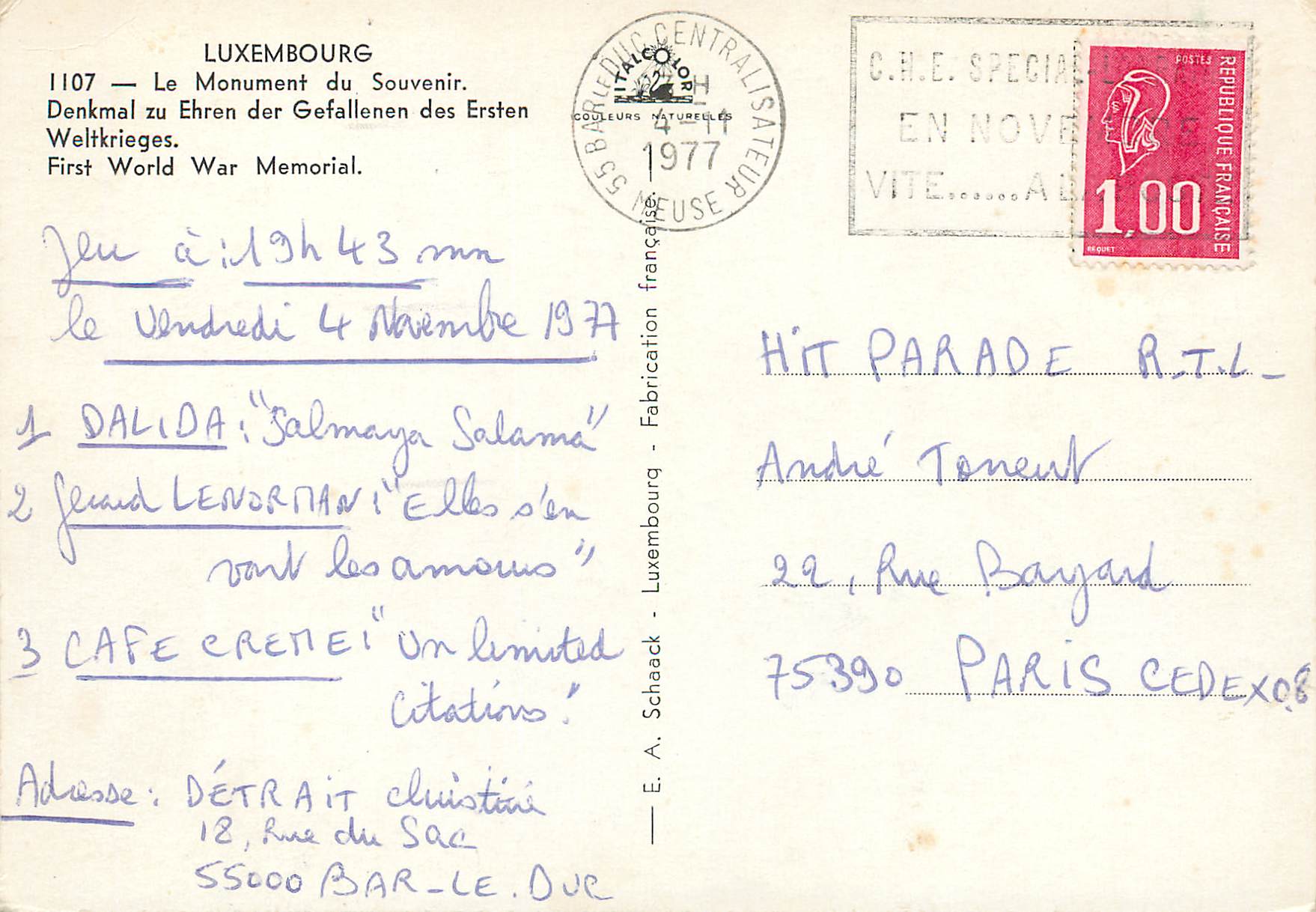 CPM Luxembourg Le Monument du Souvenir — Verso