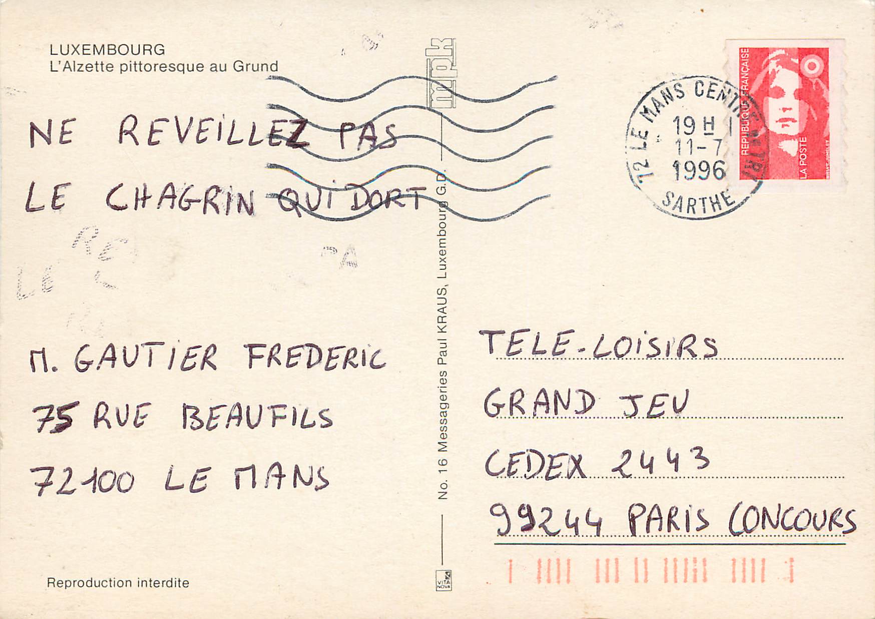 CPM Luxembourg L'Alzette pittoresque au Grund — Verso